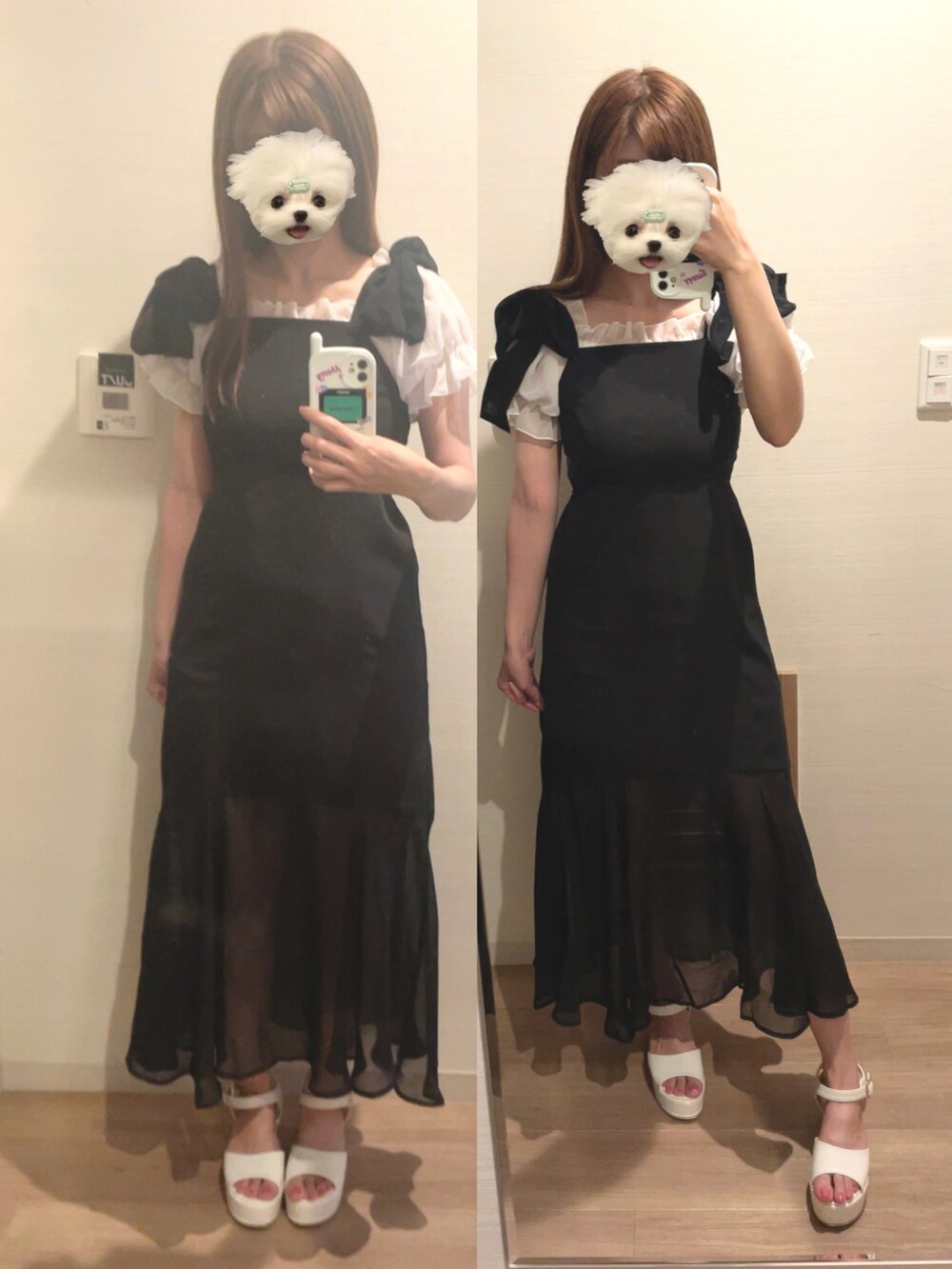 ブラック系のワンピースを着用したレディースの秋コーディネートの2枚目の写真