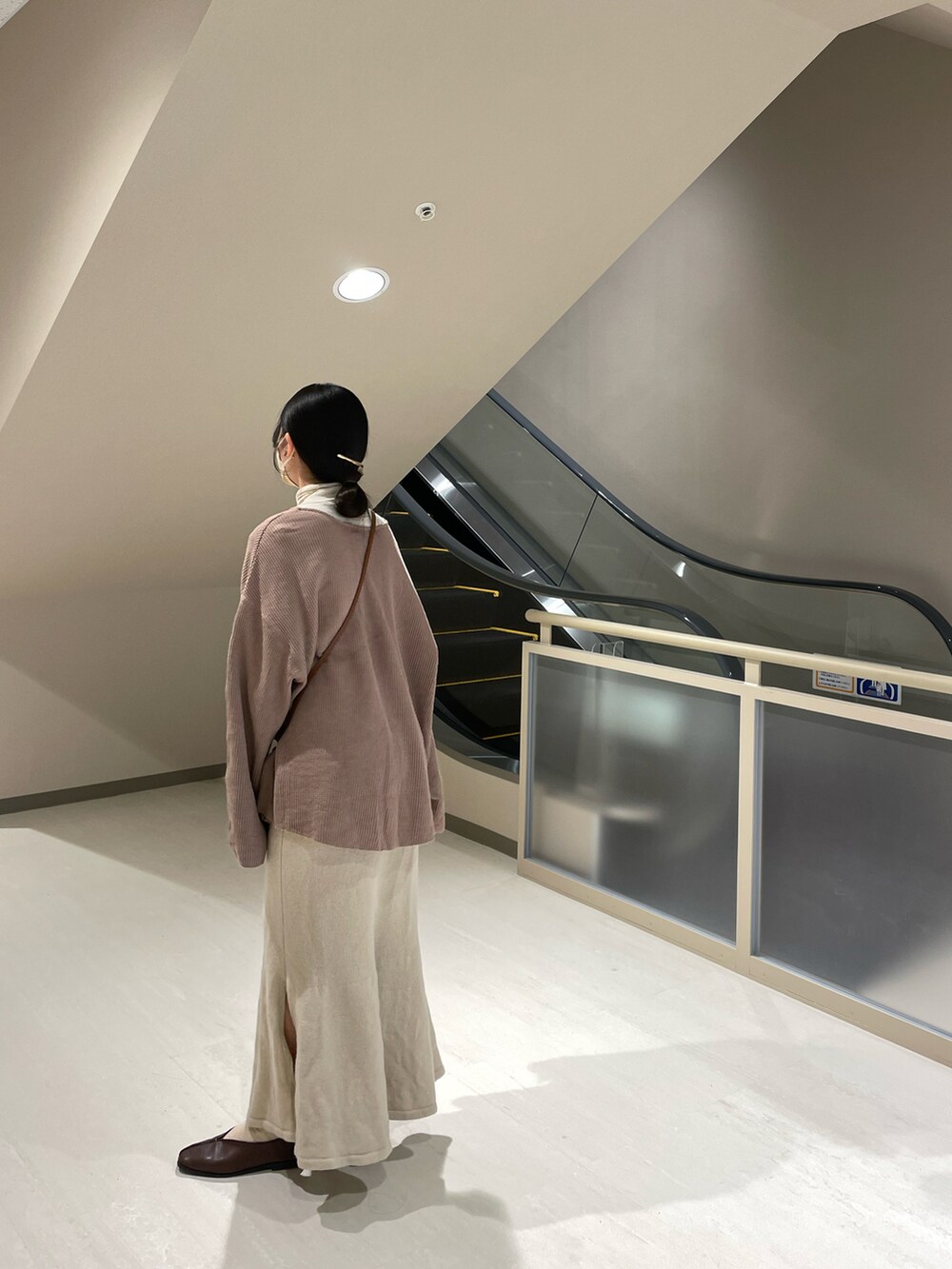 ブラウン系のTシャツ/カットソー、ブラウン系のショルダーバッグ、ベージュ系のスカートを着用したレディースの秋コーディネートの2枚目の写真