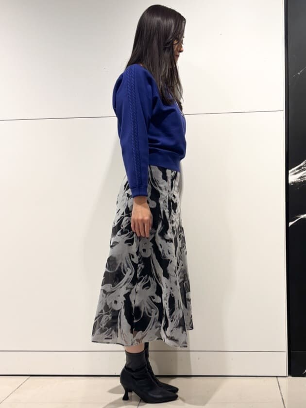 グレー系のスカート、シルバー系のネックレスを着用したレディースの冬コーディネートの2枚目の写真