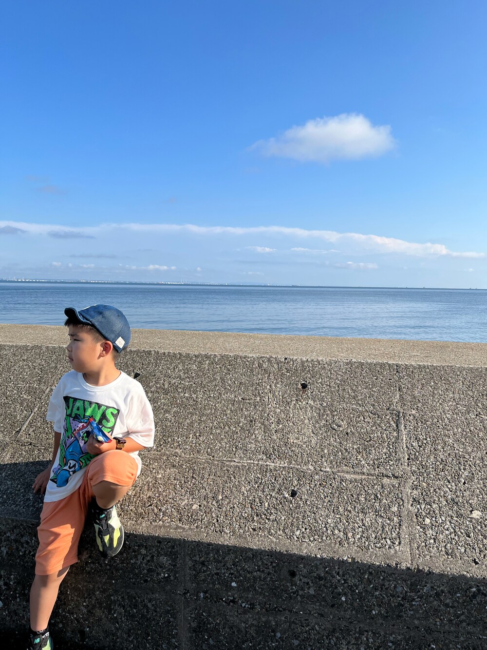 ホワイト系のTシャツ/カットソー、オレンジ系のその他パンツ、グリーン系のスニーカーを着用したキッズの夏コーディネートの2枚目の写真