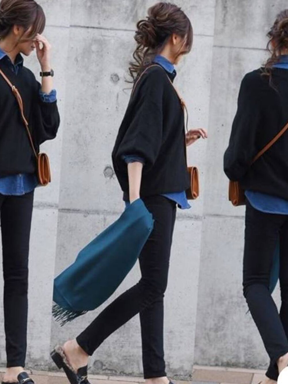 ブラック系のTシャツ/カットソーを着用したレディースの秋コーディネートの3枚目の写真