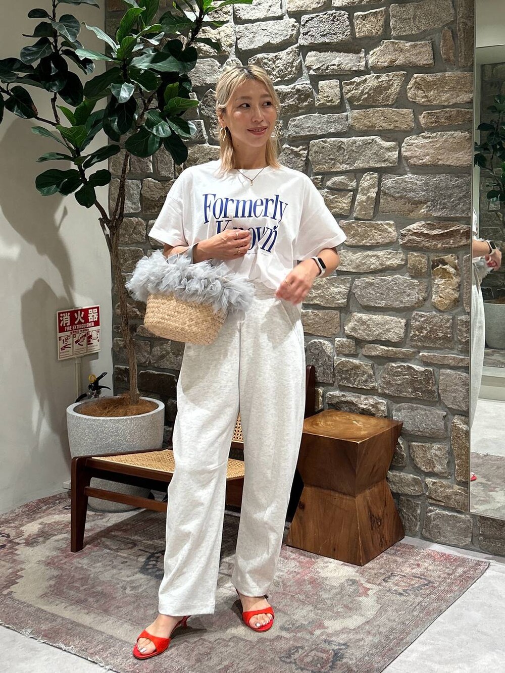 ホワイト系のTシャツ/カットソー、グレー系のかごバッグ、レッド系のサンダルを着用したレディースの夏コーディネートの2枚目の写真