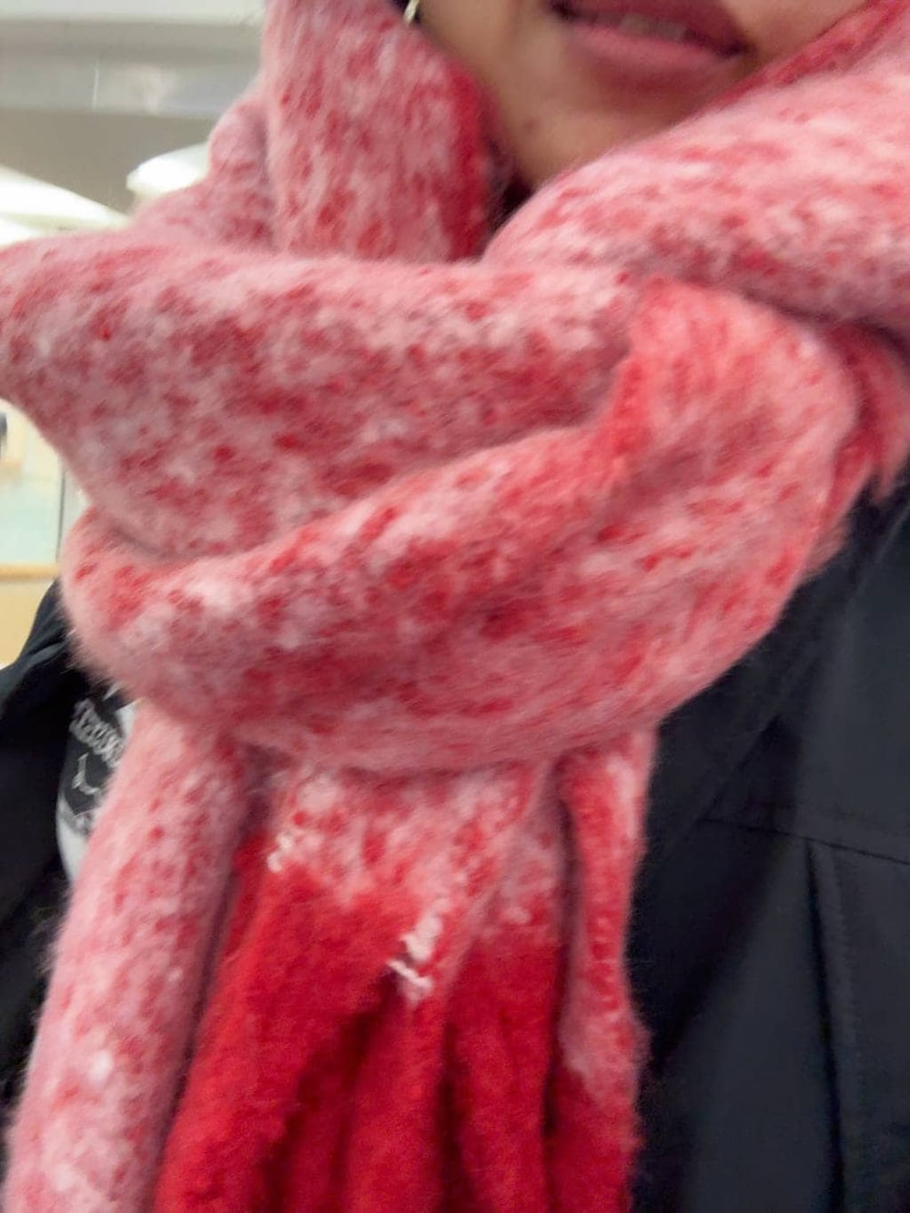 ブラック系のブルゾン、ベージュ系のその他パンツ、レッド系のマフラーを着用したレディースの冬コーディネートの2枚目の写真