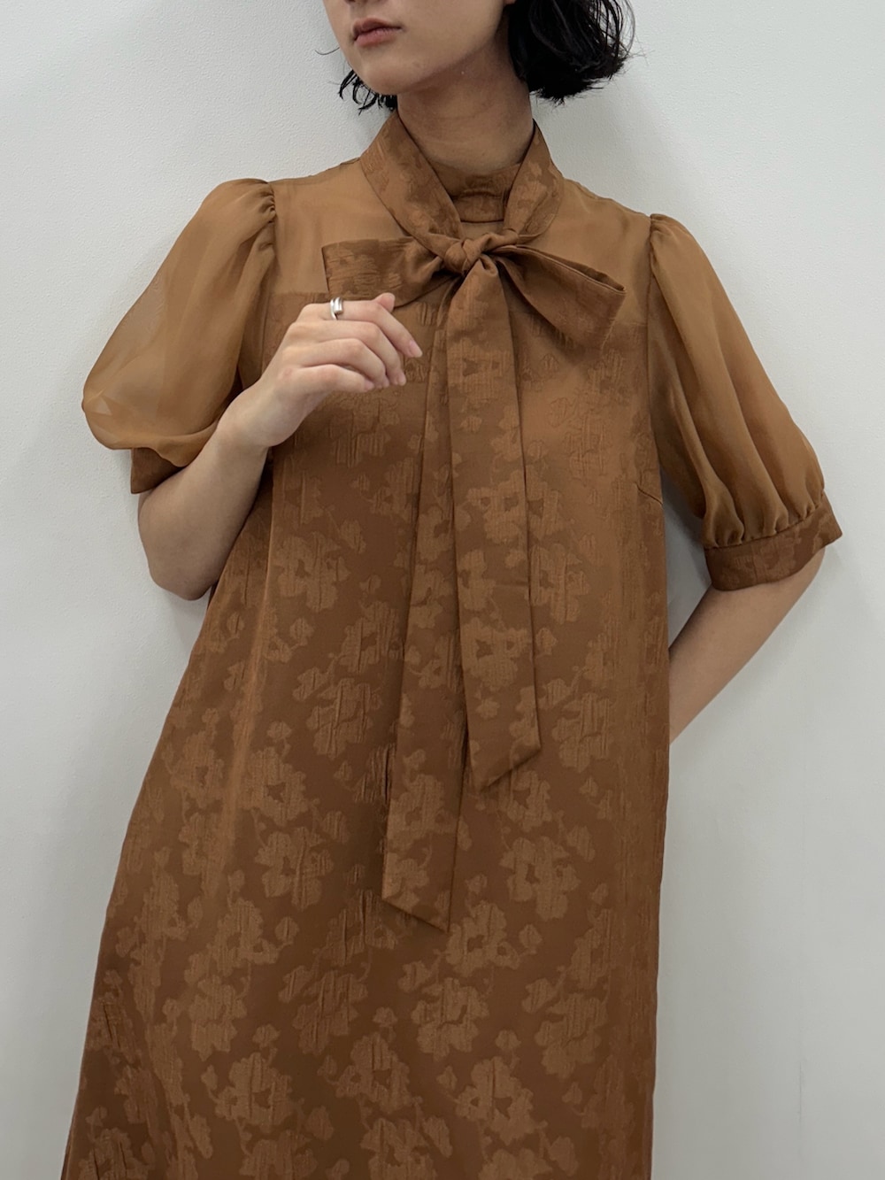 ブラウン系のドレスを着用したレディースの秋コーディネートの3枚目の写真