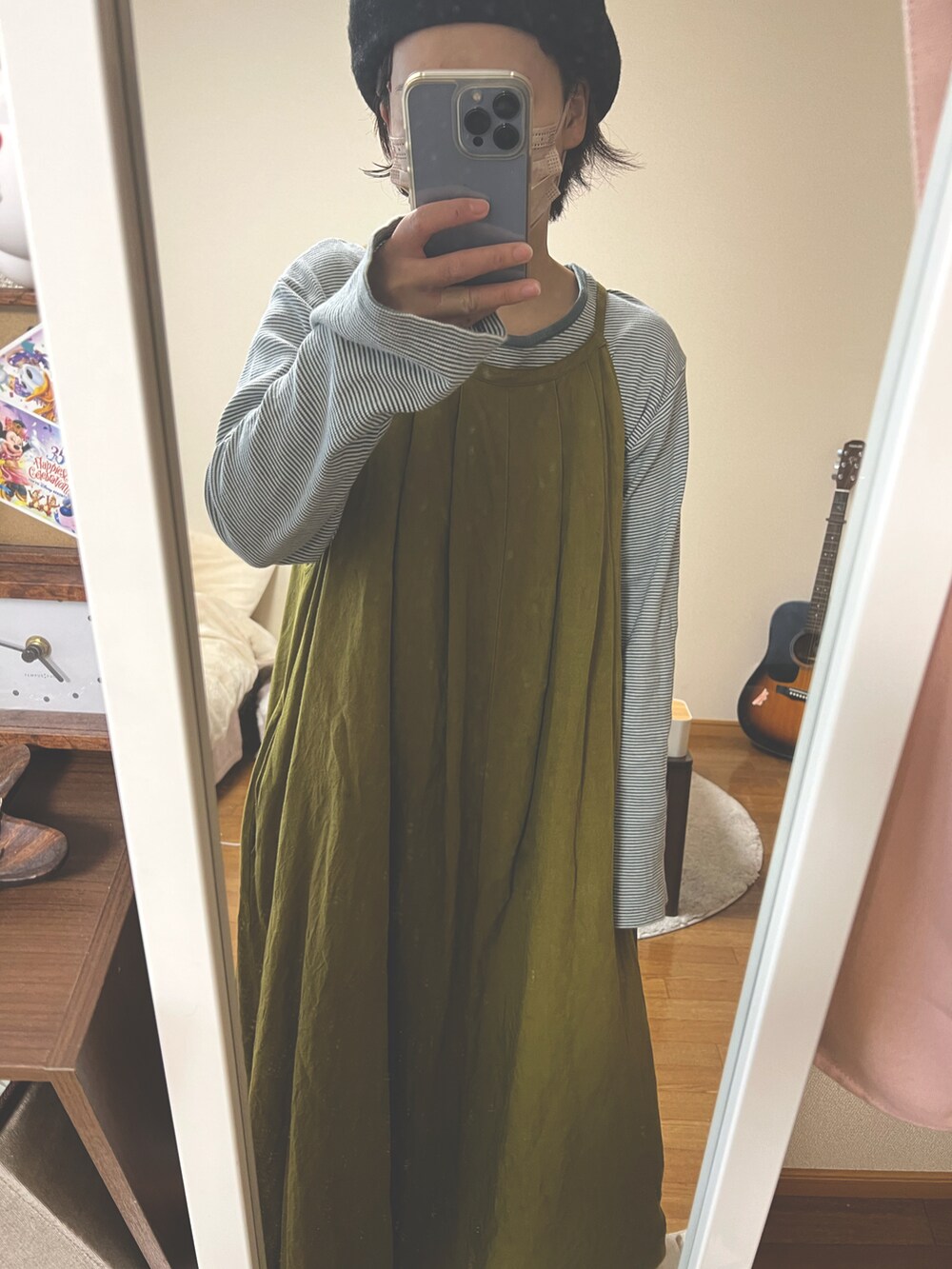 「大人カジュアル、おしゃれさんと繋がりたい、Danton、Kastane、ONEME、ベレー帽、ベレー帽コーデ」｜「Kastaneのリネンタックキャミワンピース（ワンピース、グリーン系）」を使った、sachieさん（レディース・152cm）の春コーディネートの2枚目の写真