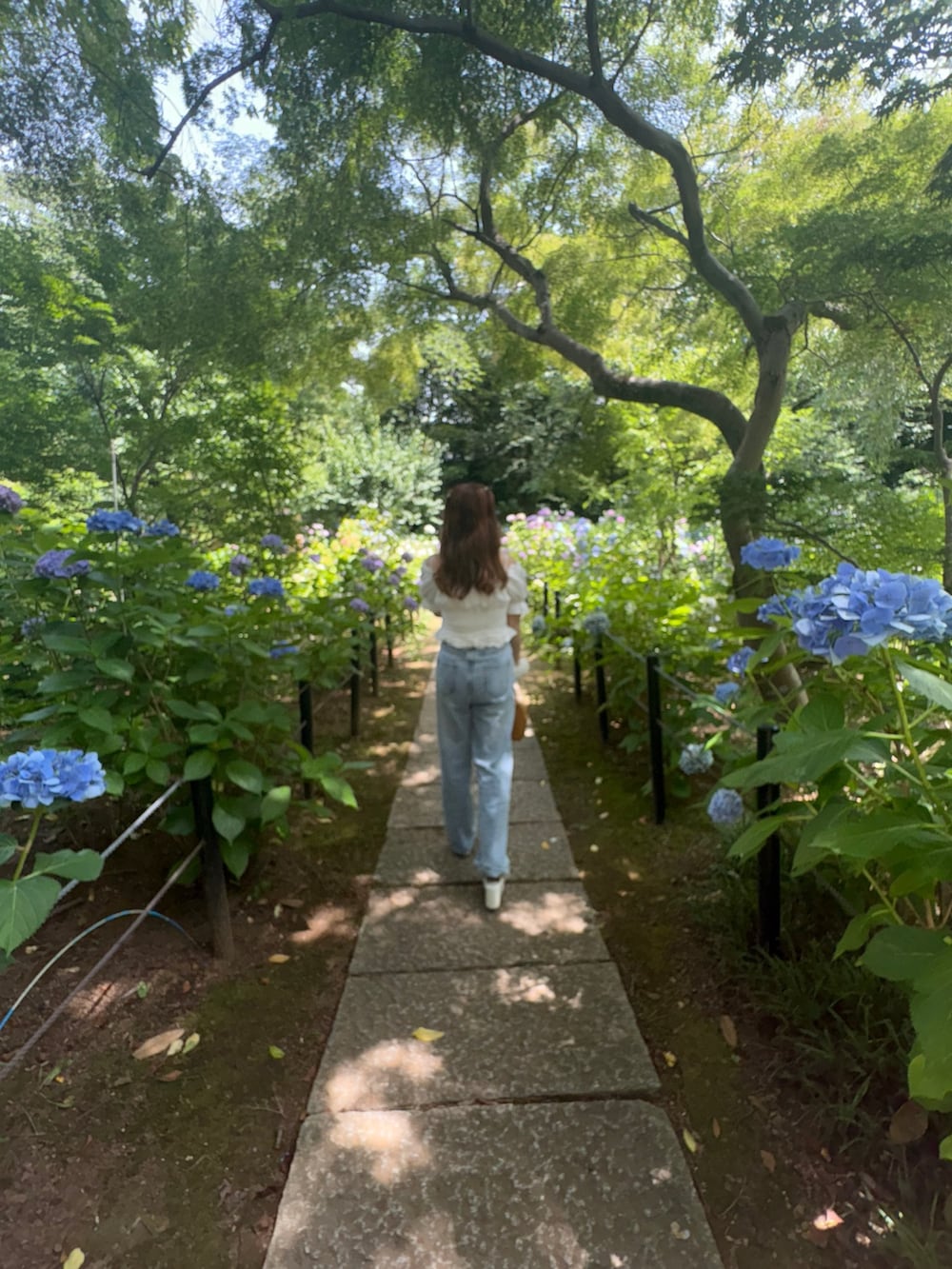 イエロー系のハンドバッグ、ホワイト系のシャツ/ブラウス、ブルー系のデニムパンツを着用したレディースの夏コーディネートの4枚目の写真