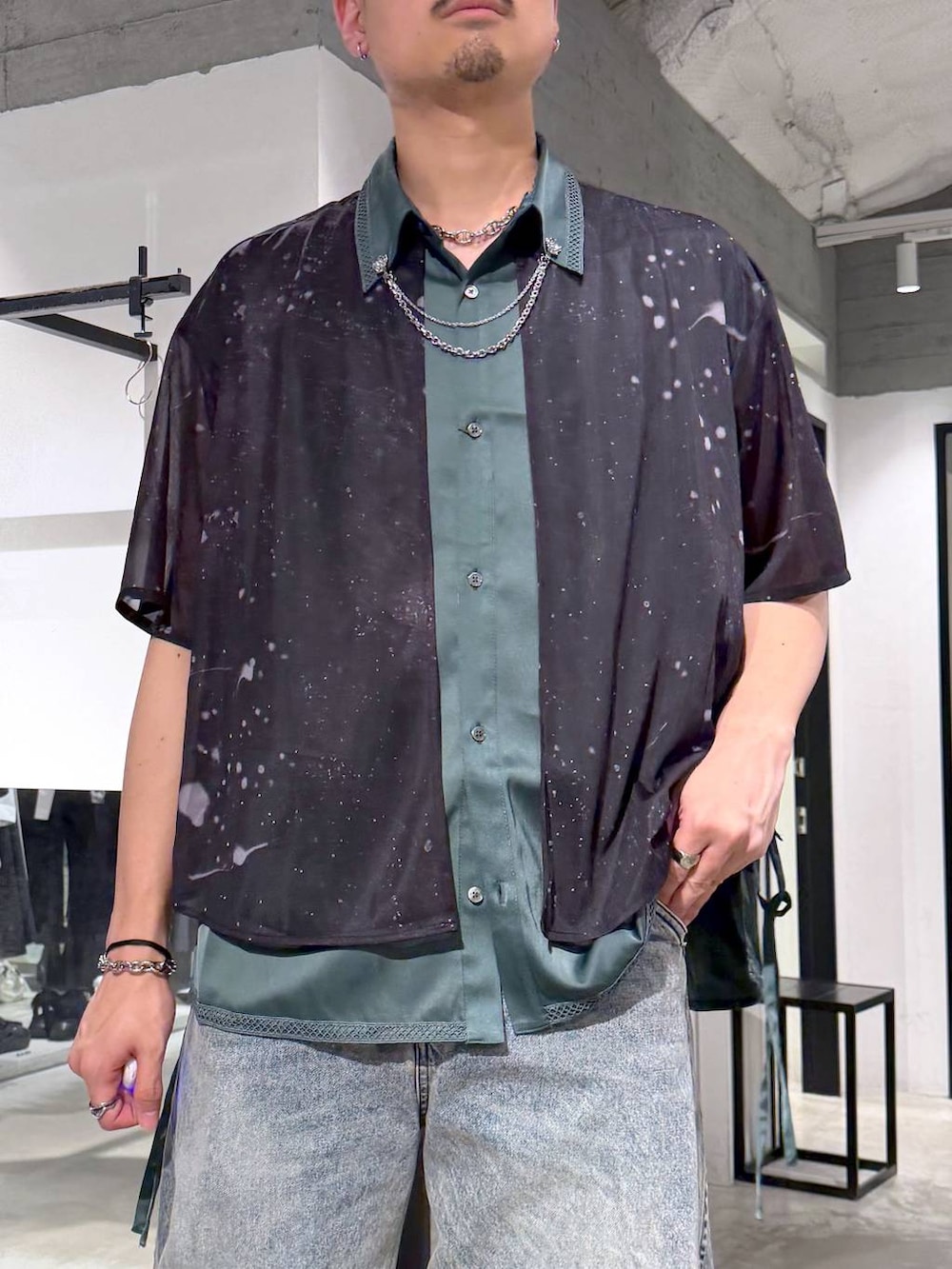 ブルー系のデニムパンツ、ブラック系のサンダル、ブラック系のショルダーバッグを着用したメンズの夏コーディネートの5枚目の写真