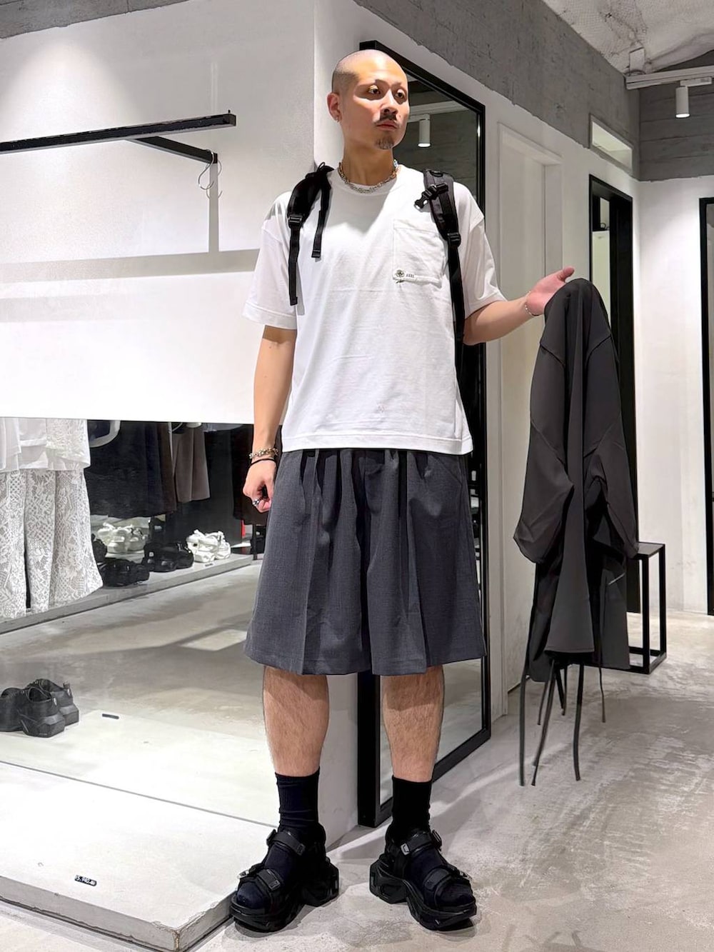 ブラック系のサンダル、ホワイト系のTシャツ/カットソー、ブラック系のバックパック/リュックを着用したメンズの夏コーディネートの5枚目の写真