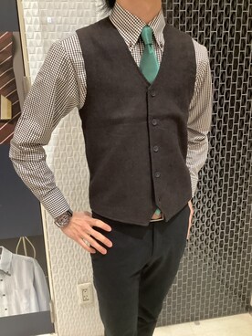 ネクタイ（グリーン系）を使った「チェックシャツ」の人気