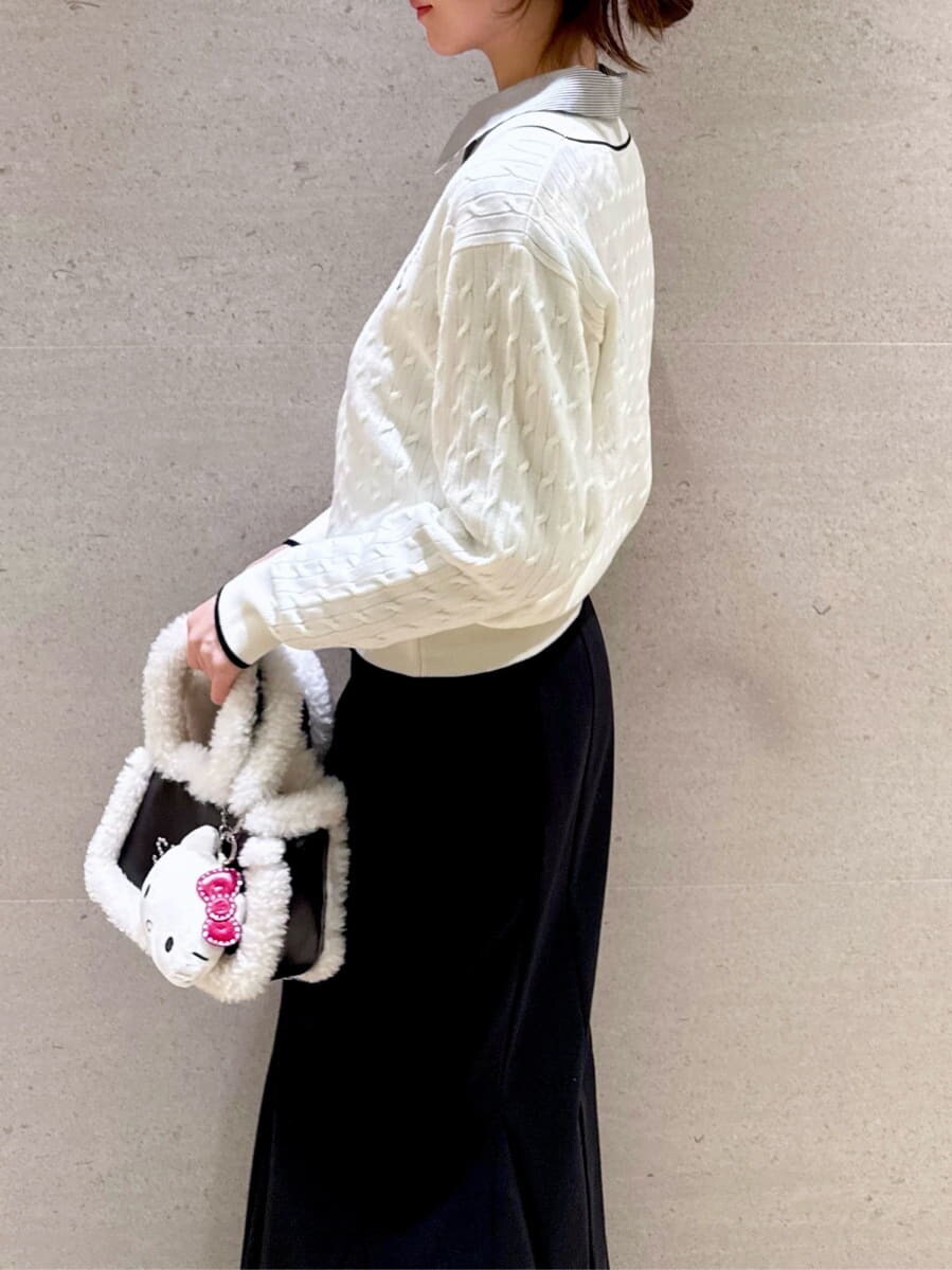 ホワイト系のニット/セーター、ブラック系のハンドバッグ、ブルー系のシャツ/ブラウスを着用したレディースの秋コーディネートの4枚目の写真