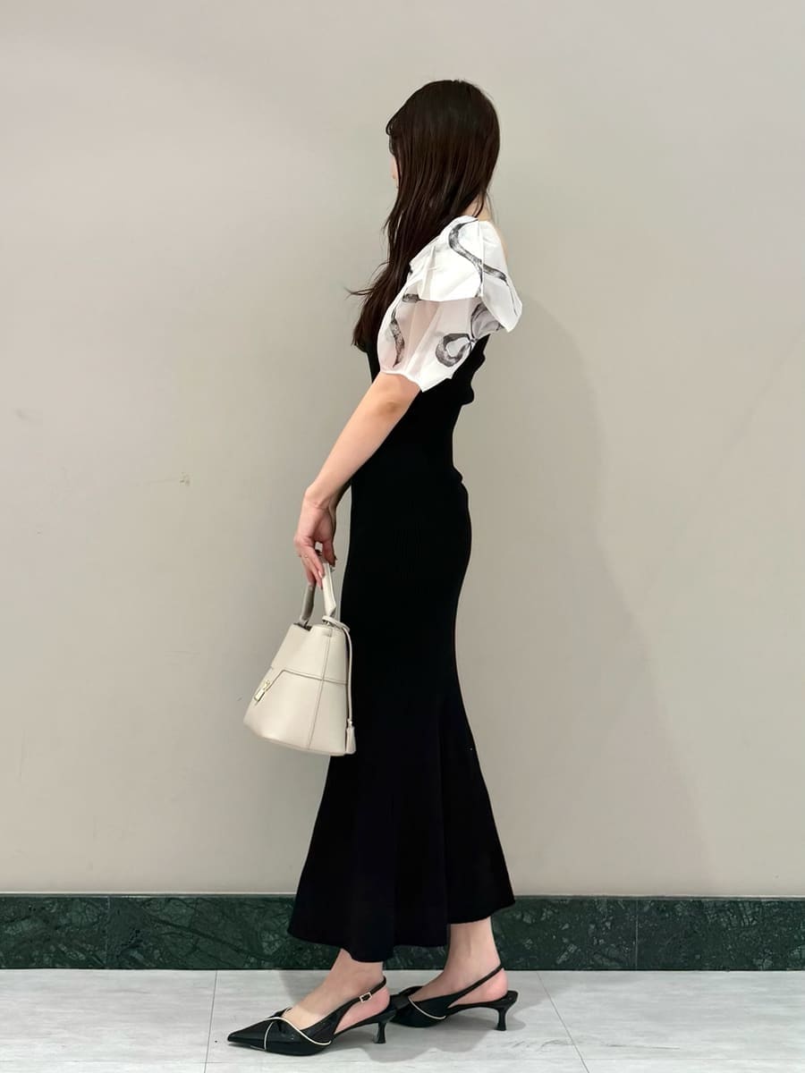 ブラック系のワンピース、ブラック系のパンプス、ベージュ系のハンドバッグを着用したレディースの春コーディネートの2枚目の写真