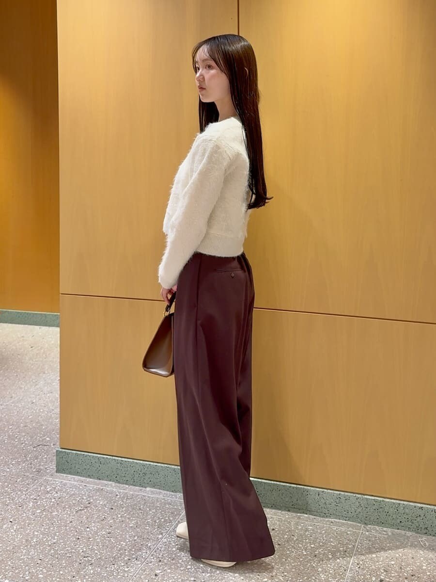 ブラウン系のスラックス、ホワイト系のカーディガン/ボレロ、ブラウン系のハンドバッグを着用したレディースの冬コーディネートの2枚目の写真