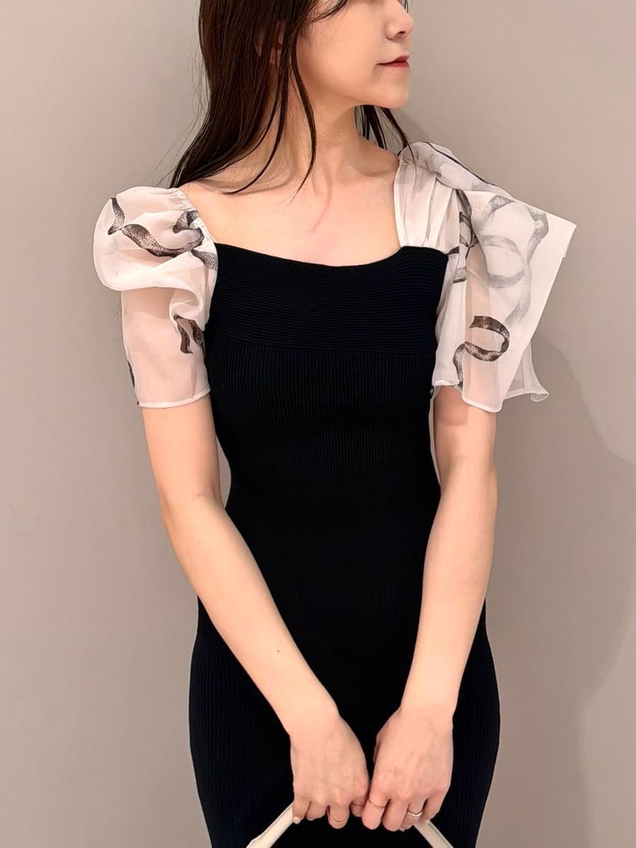 ブラック系のワンピース、ブラック系のパンプス、ベージュ系のハンドバッグを着用したレディースの春コーディネートの4枚目の写真