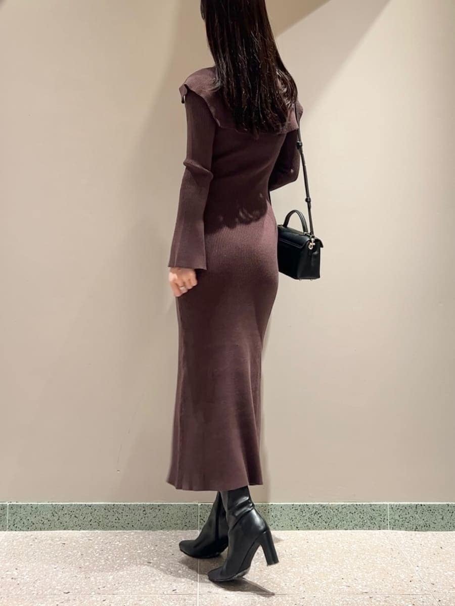 その他のテーラードジャケット、ブラウン系のワンピース、ブラック系のショルダーバッグを着用したレディースの秋コーディネートの5枚目の写真