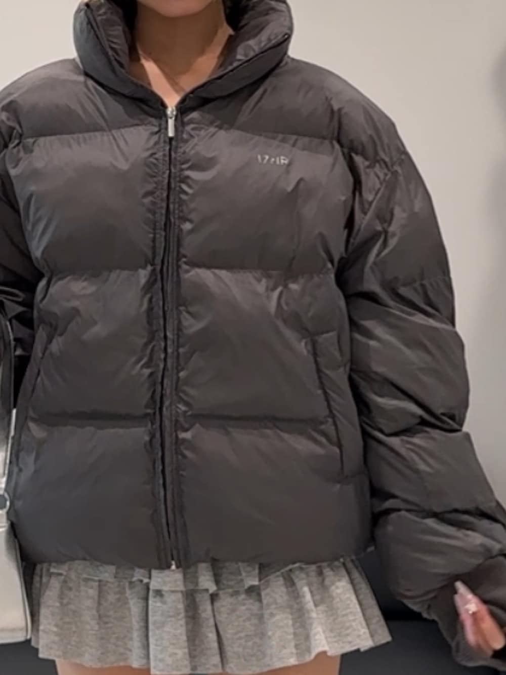 グレー系のダウンジャケット/コート、グレー系のスカート、ブラック系のブーツを着用したレディースの秋コーディネートの2枚目の写真