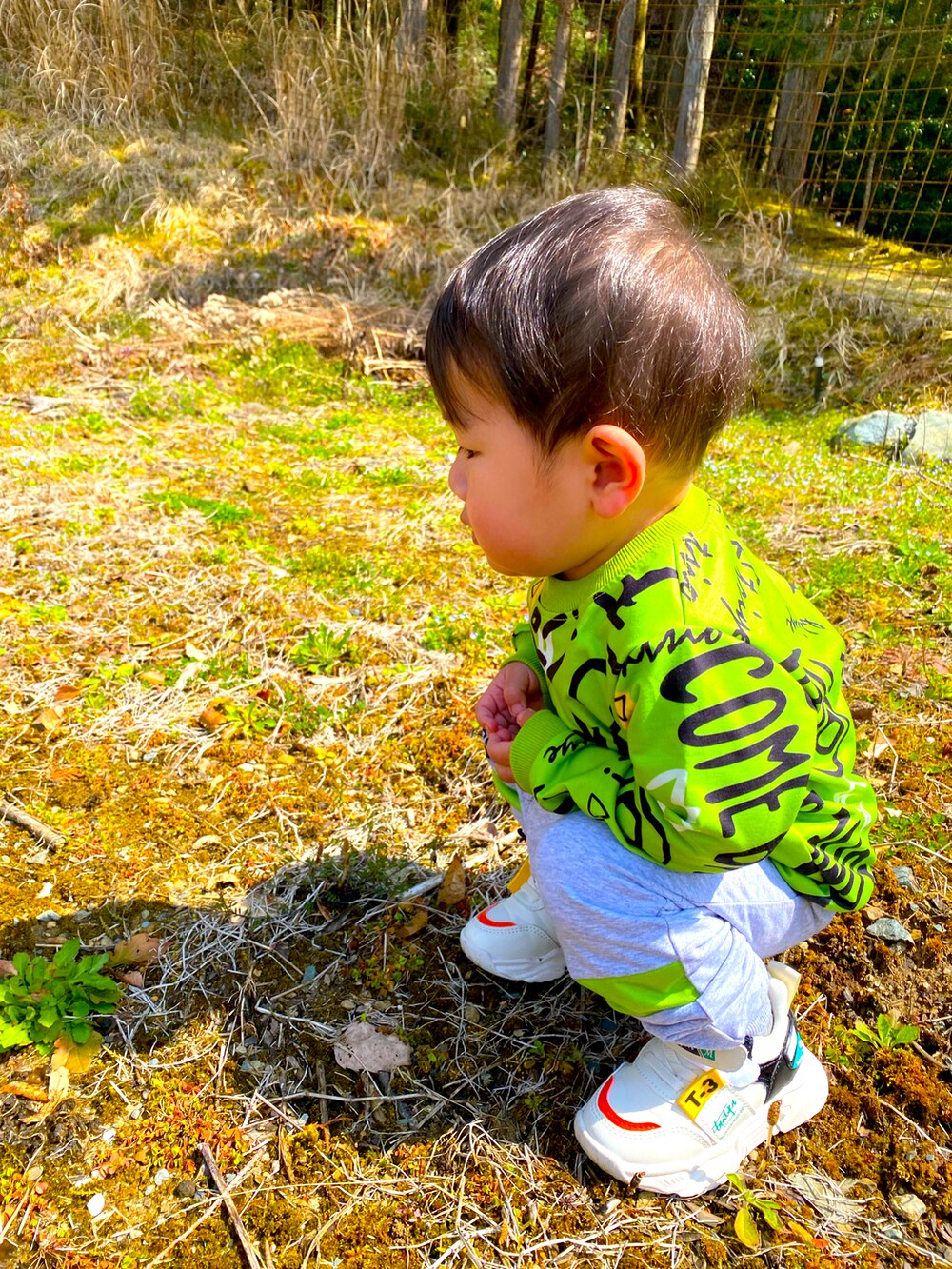 「キッズファッション、春服、子供服、おとこのこ、セットアップ、ベビーファッション、チープ、海外子供服、1歳10ヶ月、おしゃれさんと繋がりたい、サイズ90」｜「SHEINのアイテム（スウェット、グリーン系）」を使った、RITSU®︎さん（キッズ・80cm）の春コーディネートの2枚目の写真