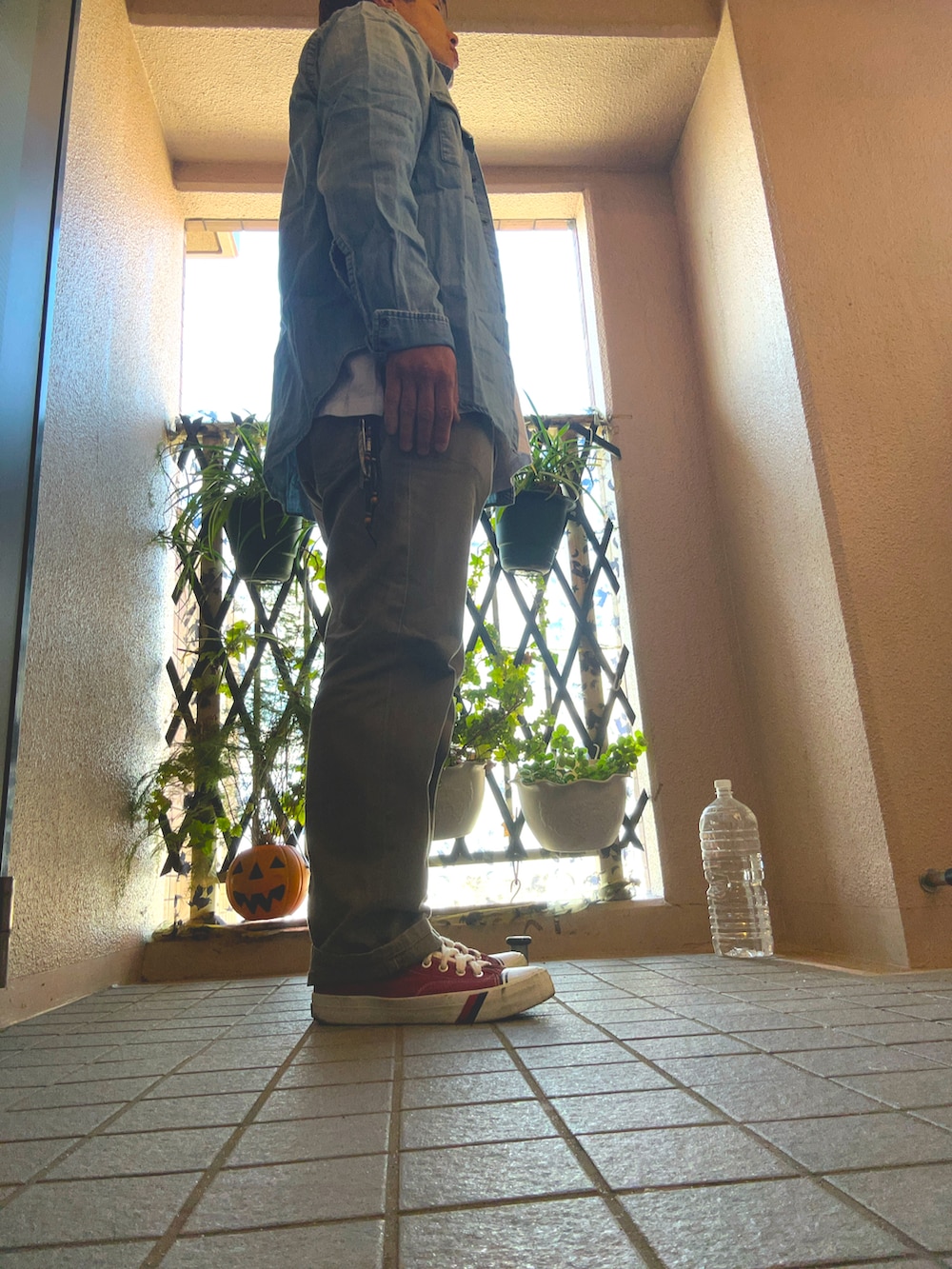 ホワイト系のTシャツ/カットソー、ブルー系のシャツ/ブラウス、グリーン系のチノパンツを着用したメンズの秋コーディネートの2枚目の写真