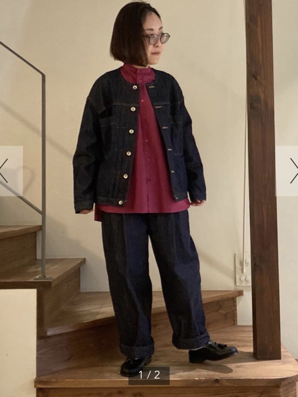 「yuniの△cotton denim ノーカラー ブルゾン（デニムジャケット、ブルー系）」を使った、ねねこさん（レディース・161cm）の冬コーディネートの3枚目の写真
