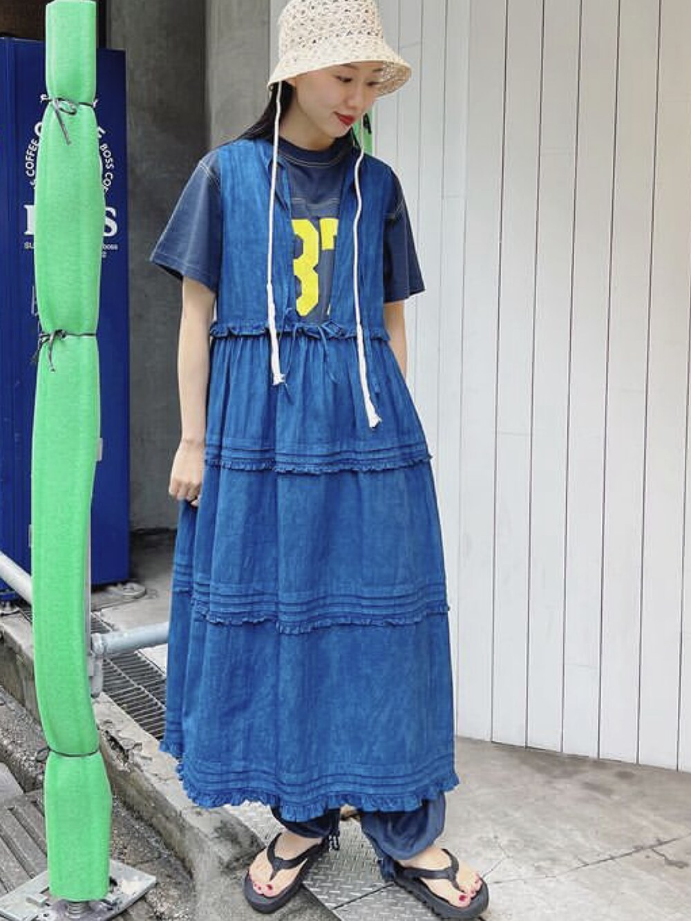 ブルー系のワンピースを着用したレディースの夏コーディネートの3枚目の写真