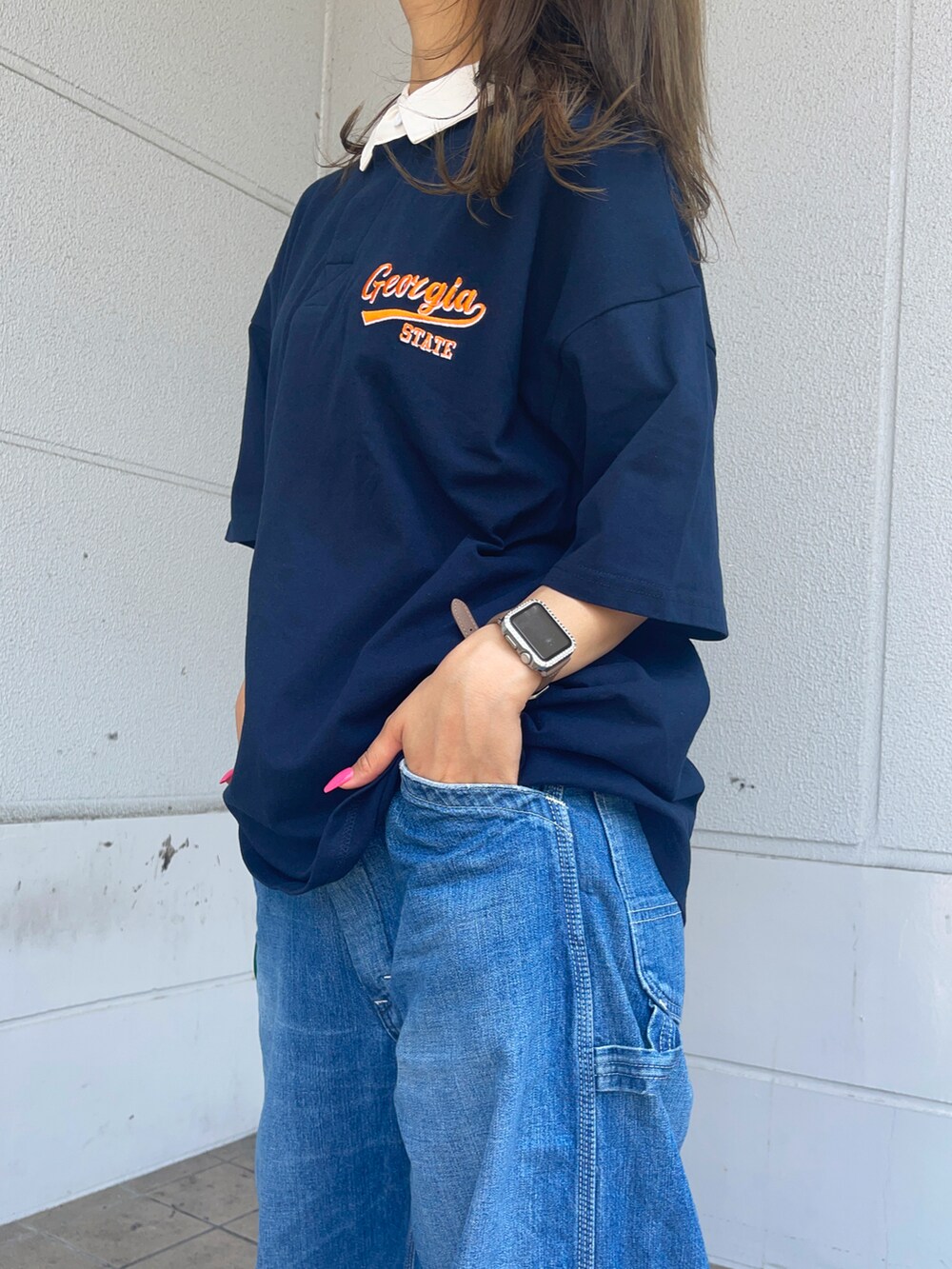 「ラガーシャツ、Tシャツ、デニム、ストリート、メンズライク、ビッグシルエット、夏コーデ、ワントーンコーデ」｜「BACK NUMBERの【BACK NUMBER】ワンポイントラガーシャツ（ポロシャツ、ブルー系）」を使った、Mikuriさん（レディース・160cm）の夏コーディネートの2枚目の写真