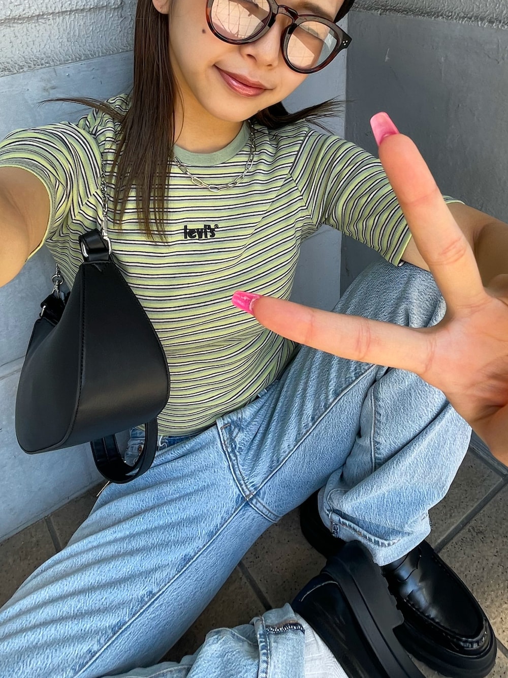 「デニムっていいよね、ボーダー、デニム、ロゴT、休日スタイル、y2k、ストリート、メンズライク、Levi's」｜「BACK NUMBERの【BACK NUMBER】コットンワッチ（ニットキャップ/ビーニー、ブラック系）」を使った、Mikuriさん（レディース・160cm）の夏コーディネートの3枚目の写真