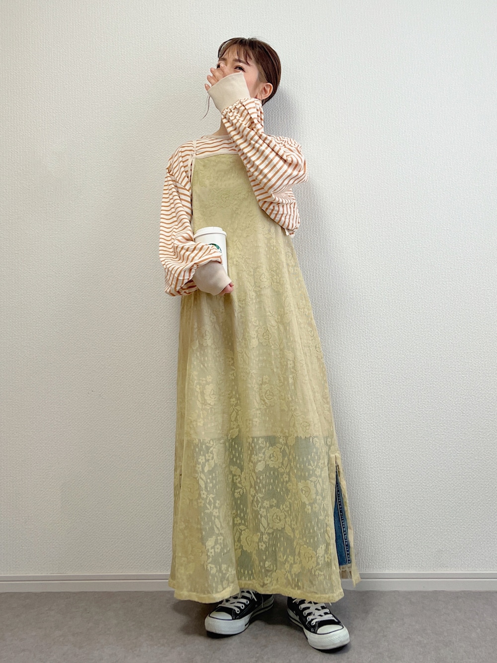 「春服、お出かけコーデ、シンプルコーデ、春色、楽チンコーデ、休日コーデ、春夏コーデ、低身長女子、骨格ウェーブ、レース、ワンピース、Crisp、クリスプ」｜「Crispの2wayショートボーダーティーシャツ（Tシャツ/カットソー、ベージュ系）」を使った、ɴɪᴄᴏ.ᴀʏᴀさん（レディース・149cm）の春コーディネートの2枚目の写真