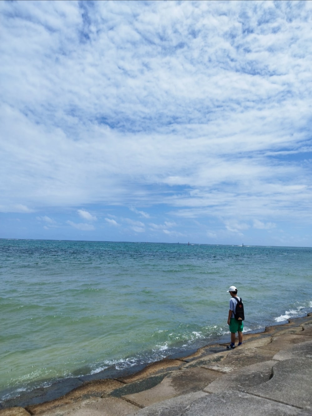 ブルー系のTシャツ/カットソー、ブラック系のバックパック/リュック、ブラック系のスニーカーを着用したキッズの春コーディネートの2枚目の写真