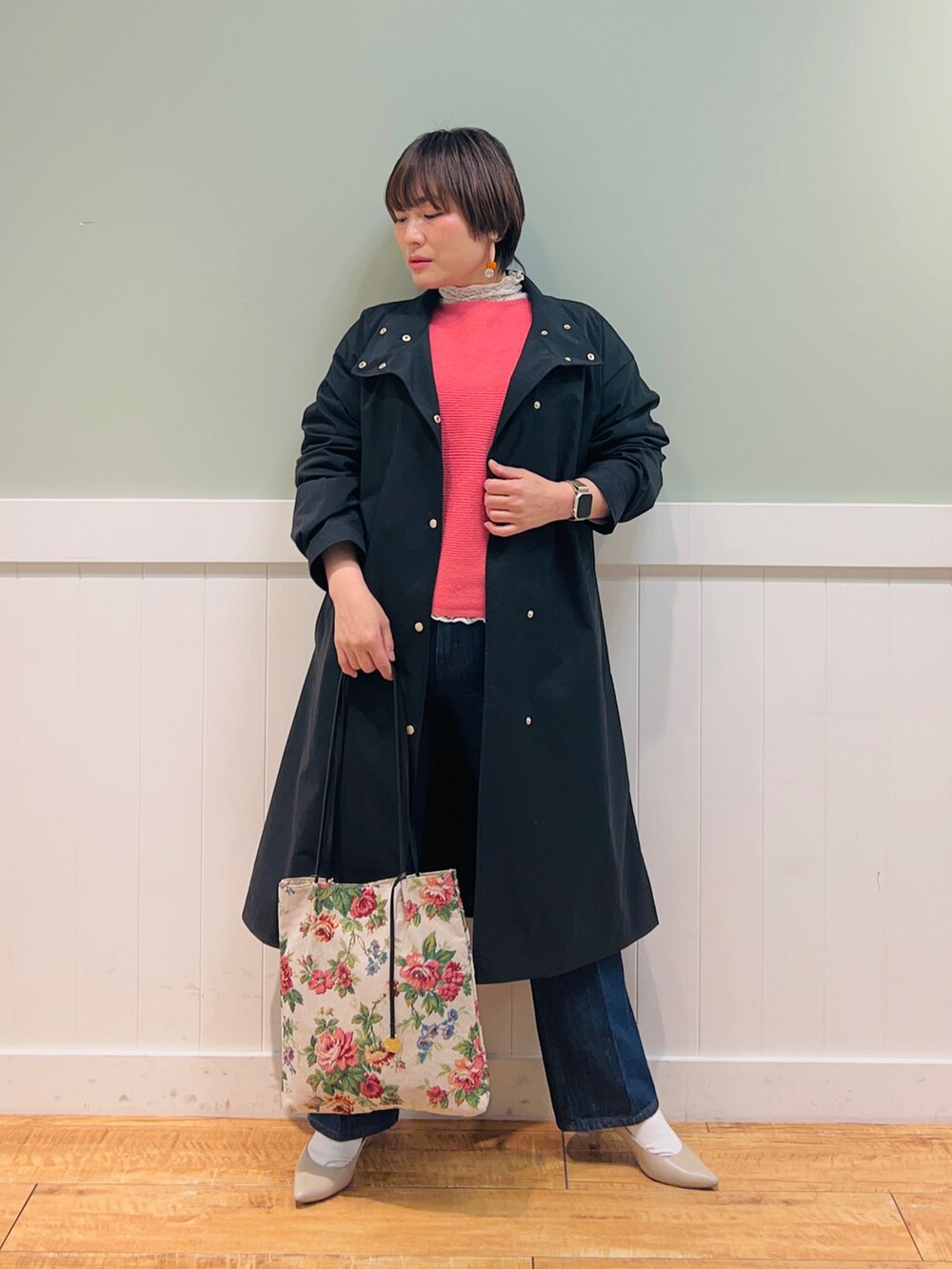 「休日スタイル、大人カジュアル、シンプル、シンプルコーデ、カジュアル、カジュアルコーデ、春コーデ、きれいめカジュアル、デニム、プチプラ、おしゃれさんと繋がりたい、ootd、低身長、今日のコーデ、キレイめコーデ」｜「DRESKIPの【洗える】リブドルマンニット（ニット/セーター、ピンク系）」を使った、タナさん（骨格ウェーブ・レディース・155cm）の冬コーディネートの3枚目の写真