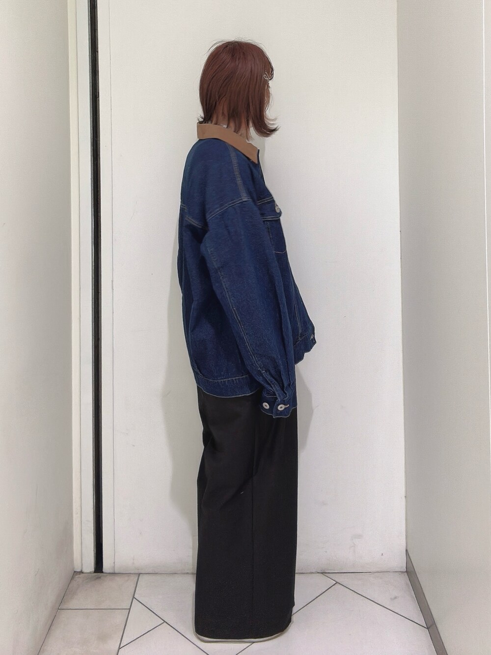 「Gジャン、デニムジャケット、エヘカソポ、ehka sopo」｜「ehka sopoの襟配色ビッグGジャン（ノーカラージャケット、ブルー系）」を使った、sakura✿さん（レディース・158cm）の春コーディネートの2枚目の写真