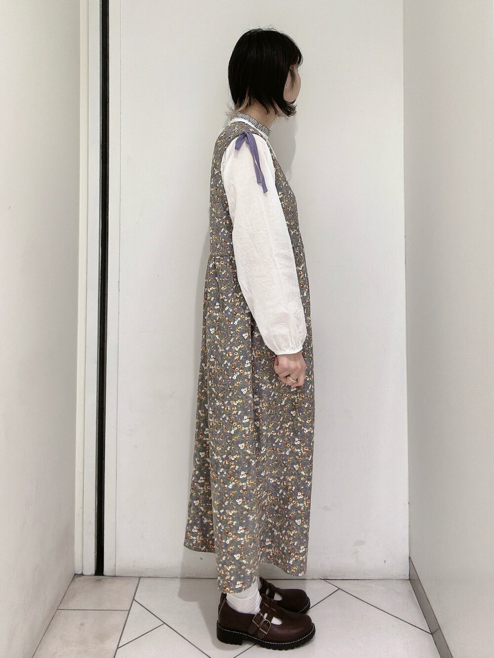 「エヘカソポ、ehka sopo、花柄ワンピース、レトロ」｜「ehka sopoのダブルTストラップシューズ（その他シューズ、ブラウン系）」を使った、sakura✿さん（レディース・158cm）の冬コーディネートの4枚目の写真