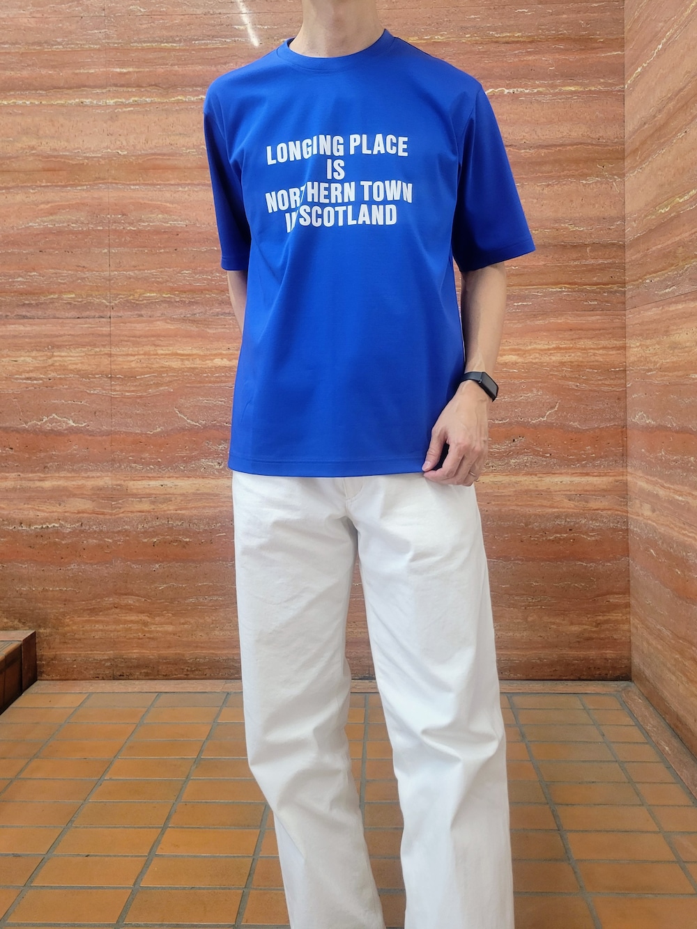 ブルー系のTシャツ/カットソー、ホワイト系のデニムパンツを着用したメンズの春コーディネートの9枚目の写真