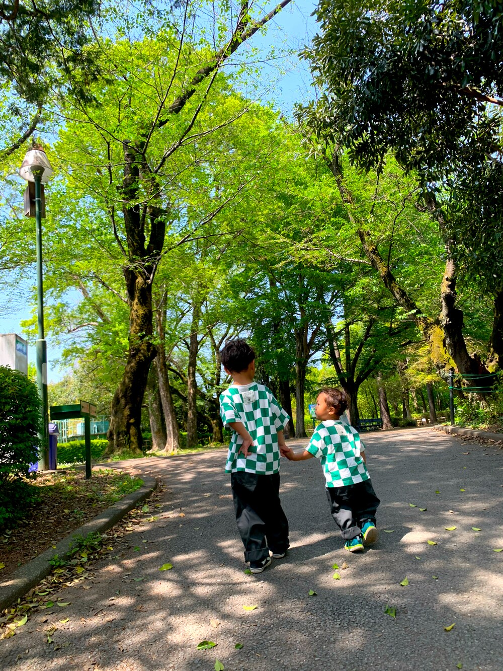 グリーン系のTシャツ/カットソー、ブラック系のチノパンツを着用したキッズの夏コーディネートの2枚目の写真