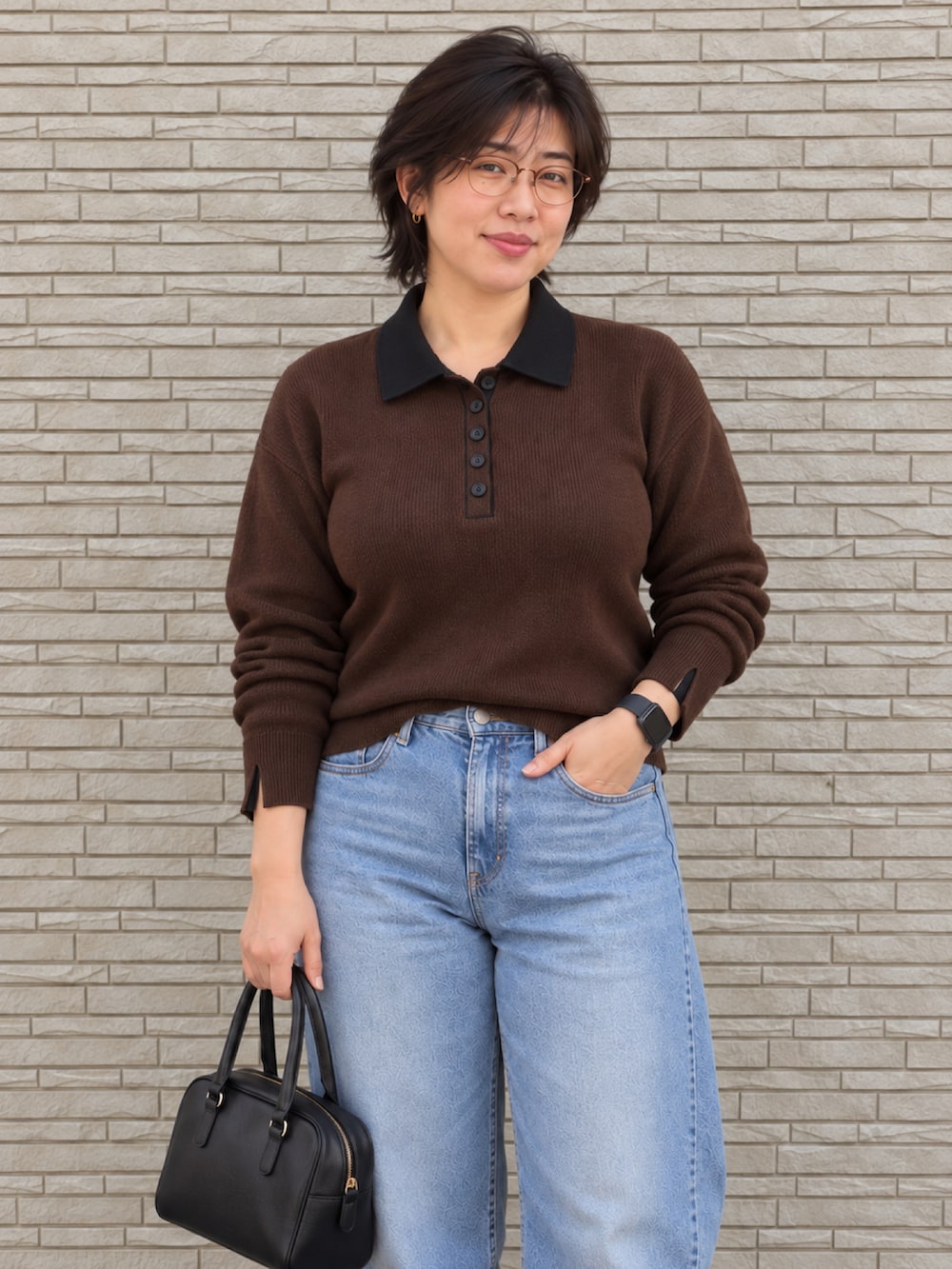 ブラウン系のニット/セーター、ブルー系のデニムパンツ、ブラック系のローファーを着用したレディースの秋コーディネートの4枚目の写真