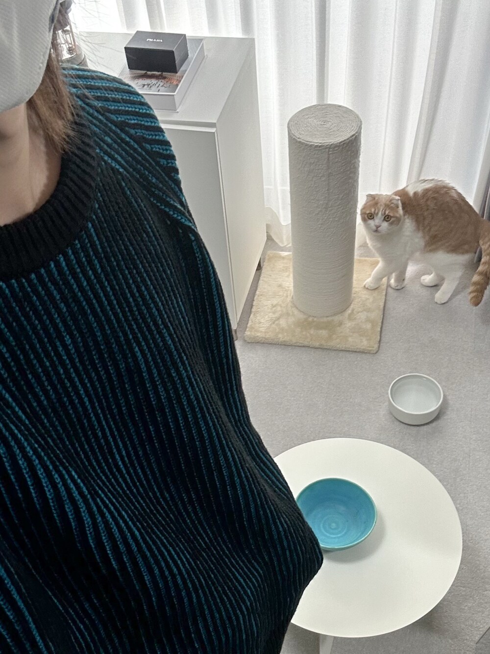 ブラック系のダウンジャケット/コート、ブルー系のニット/セーター、ブラック系のカーゴパンツを着用したメンズの冬コーディネートの4枚目の写真