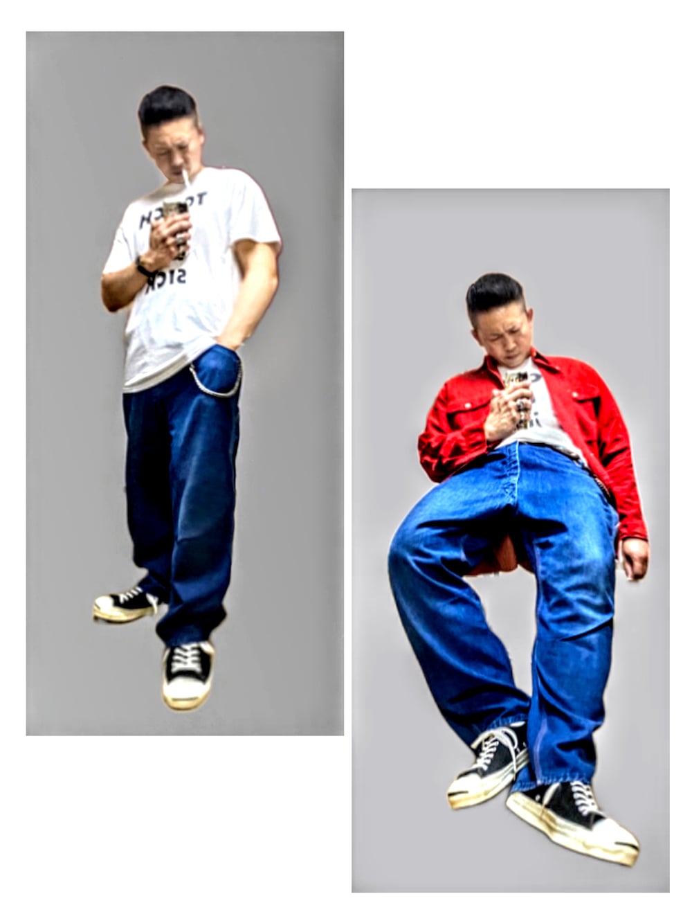 レッド系のシャツ/ブラウス、ホワイト系のTシャツ/カットソー、ブルー系のデニムパンツを着用したメンズの夏コーディネートの3枚目の写真