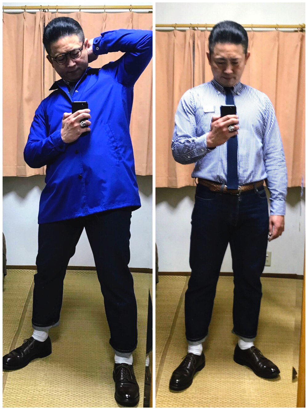 グリーン系のモッズコート、ブルー系のナイロンジャケット、ブルー系のシャツ/ブラウスを着用したメンズの冬コーディネートの2枚目の写真
