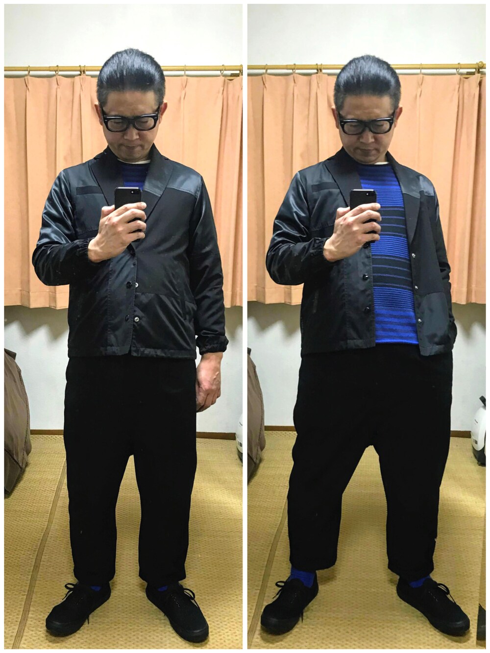 ブラック系のテーラードジャケット、ブラック系のテーラードジャケット、ブルー系のニット/セーターを着用したメンズの秋コーディネートの3枚目の写真