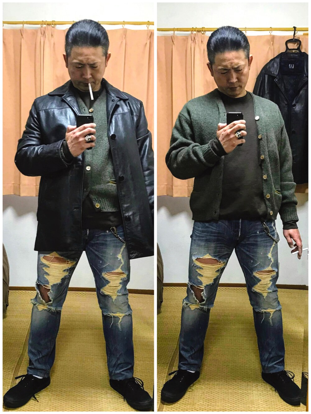 「片手スマホ自撮り研究会🤳✨、我が道をゆく隊、カートコバーン、グランジ、レザーコート、カーディガン、スウェット、好きな服を好きなように着る🐷💕、双極性障害、リチウム血中濃度安定😊、メルカリ大量出品中‼️、メルカリ★期間限定SALE★本日最終日‼️」｜「NUMBER (N)INEの🔸宮下期ナンバーナインVTG  カートサングラス(黒)（サングラス、ブラック系）」を使った、おたっし🐷さん（メンズ・174cm）の冬コーディネートの2枚目の写真