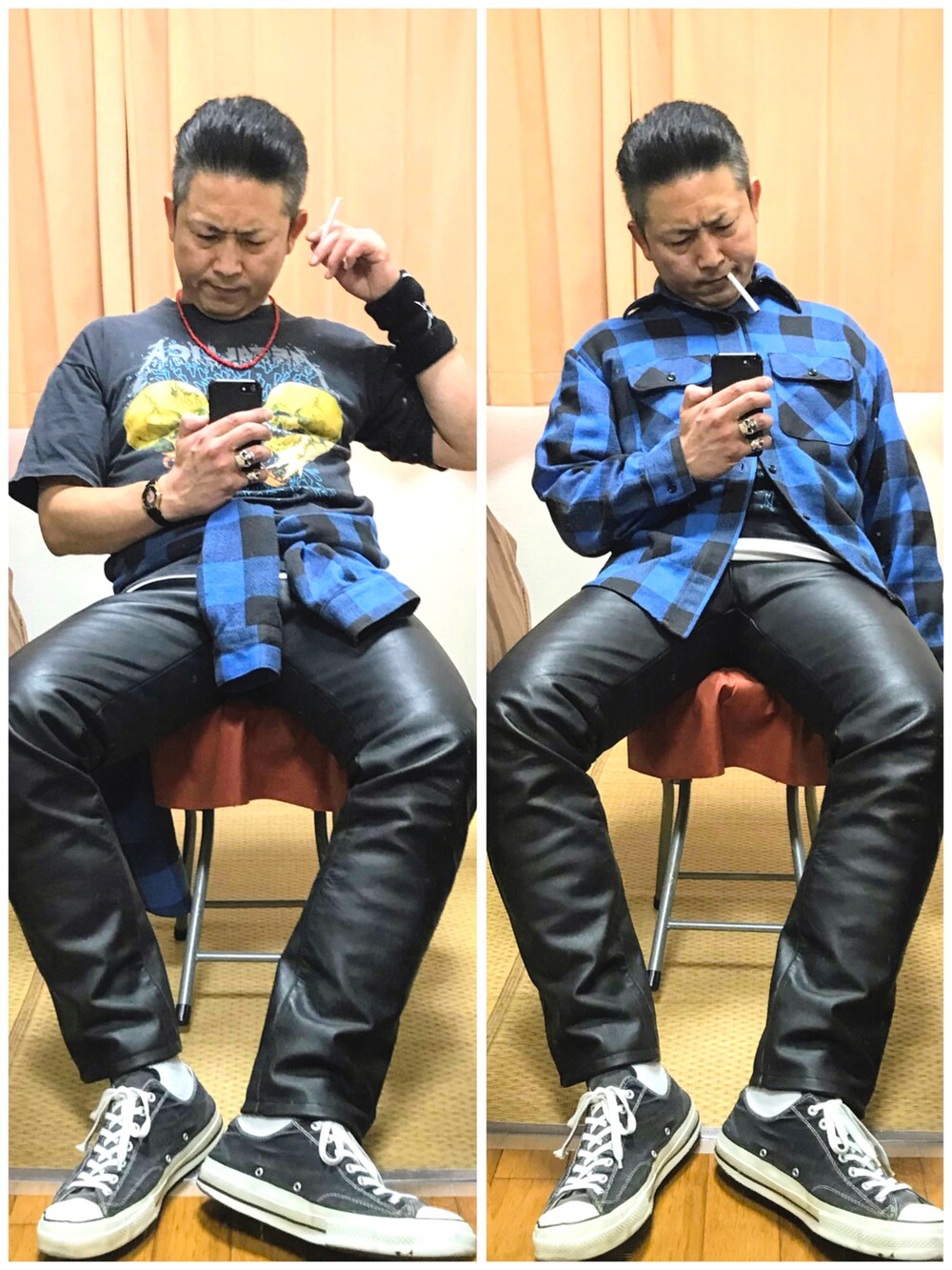 ブルー系のデニムジャケット、グレー系のパーカー、ホワイト系のTシャツ/カットソーを着用したメンズの冬コーディネートの2枚目の写真