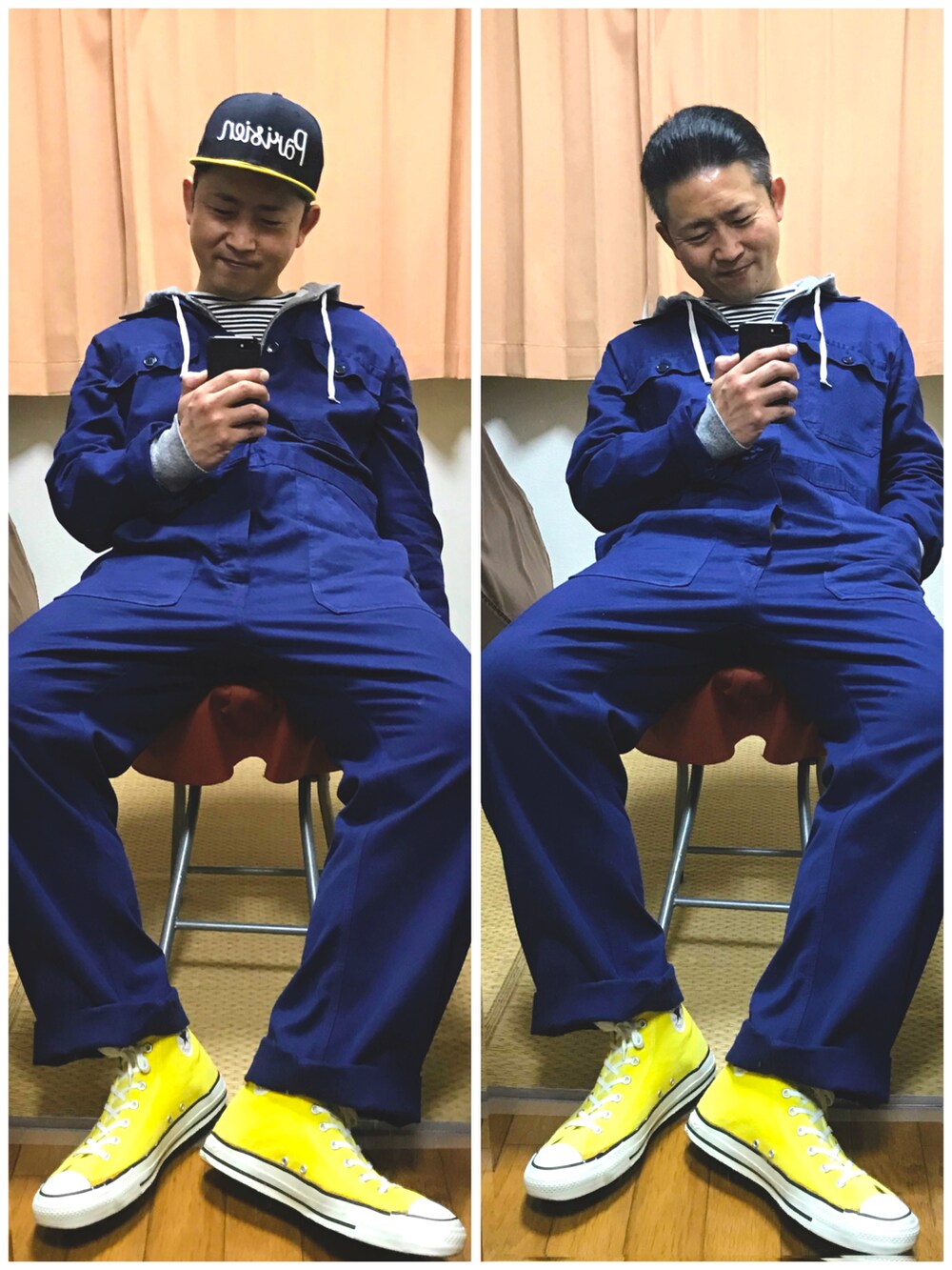 ブルー系のつなぎ/オールインワン、ブルー系のセットアップ、グレー系のパーカーを着用したメンズの冬コーディネートの4枚目の写真