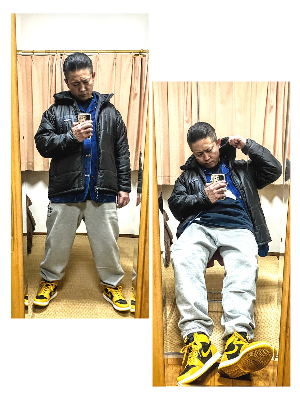 ブラック系のダウンジャケット/コート、ブルー系のカバーオール、ブラック系のTシャツ/カットソーを着用したメンズの冬コーディネートの3枚目の写真