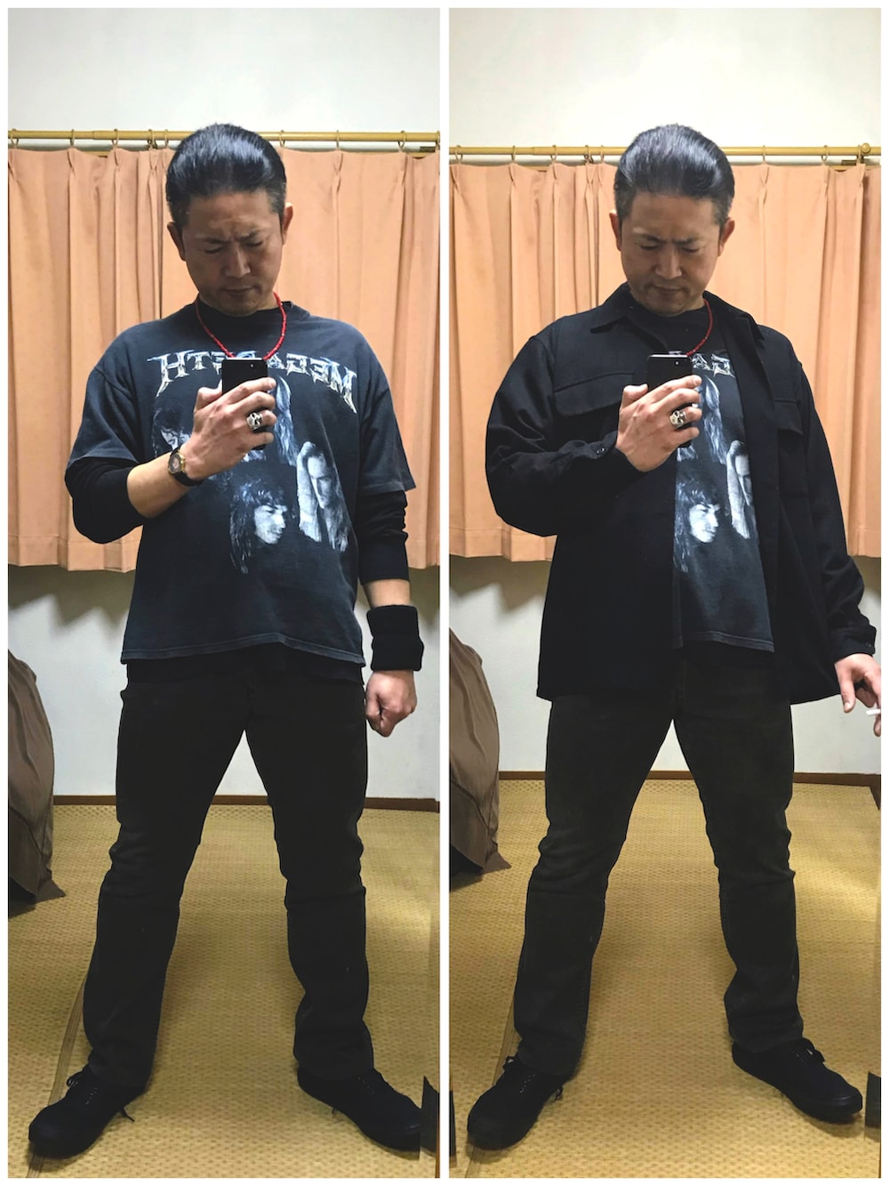 「夜の腹黒おたっし😎‼️、片手スマホ自撮り研究会🤳✨、我が道をゆく隊、バンT、ロック、スラッシュメタル、メガデス、カートアレンジ😎‼️、ブーツカットパンツ、ブラック、好きな服を好きなように着る🐷💕、双極性障害、メルカリ大量出品中‼️」｜「NUMBER (N)INEの🔸宮下期ナンバーナインVTG  カートサングラス(黒)（サングラス、ブラック系）」を使った、おたっし🐷さん（メンズ・174cm）の冬コーディネートの2枚目の写真