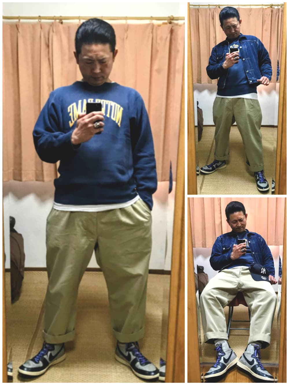 パープル系のシューズ小物/雑貨、ブルー系のデニムジャケット、ブルー系のスウェットを着用したメンズの春コーディネートの2枚目の写真