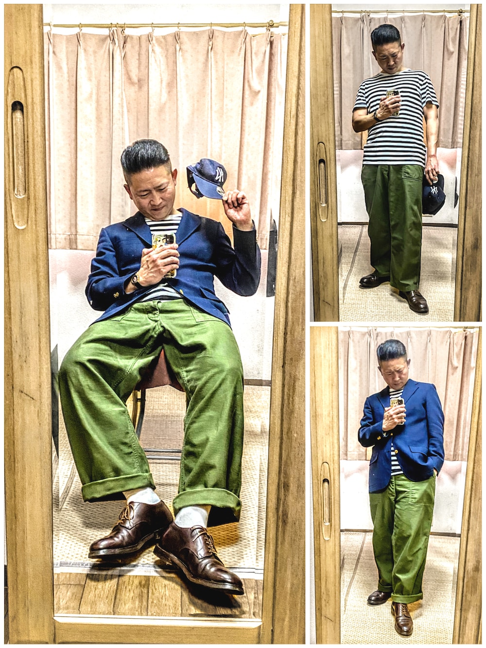 「片手スマホ自撮り研究会🤳✨、我が道をゆく隊、お仕事コーデ、大人カジュアル、きれいめカジュアル、古着MIX、キャップ、紺ブレ、ボーダー、カーゴパンツ、好きな服を好きなように着る🐷💕、双極性障害、北千住、肉体改造中🐷💦、メルカリ大量出品中‼️」｜「NEW ERAの🔸ニューエラ　9トゥエンティ アジャスタブル ヤンキースキャップ(紺)  （キャップ、ブラック系）」を使った、おたっし🐷さん（メンズ・174cm）の春コーディネートの2枚目の写真