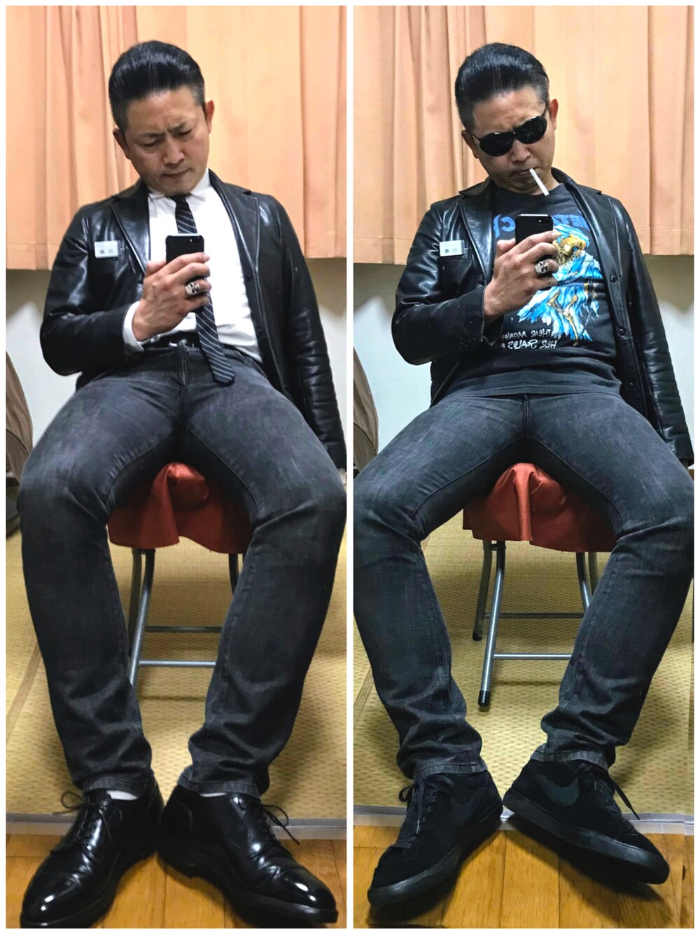 「片手スマホ自撮り研究会🤳✨、我が道をゆく隊、お仕事コーデ、ブラック、エディスリマン、スキニー、タイドアップ、バンドT、好きな服を好きなように着る🐷💕、双極性障害、メルカリ大量出品中‼️、メルカリ★期間限定SALE★本日最終日‼️、おデブでもスキニーが好きにー💕」|「VINTAGEの🔸オールドギャップ カウレザージャケット(黒)XS(テーラードジャケット、ブラック系)」を使った、おたっし🐷さん(メンズ・174cm)の冬コーディネートの4枚目の写真
