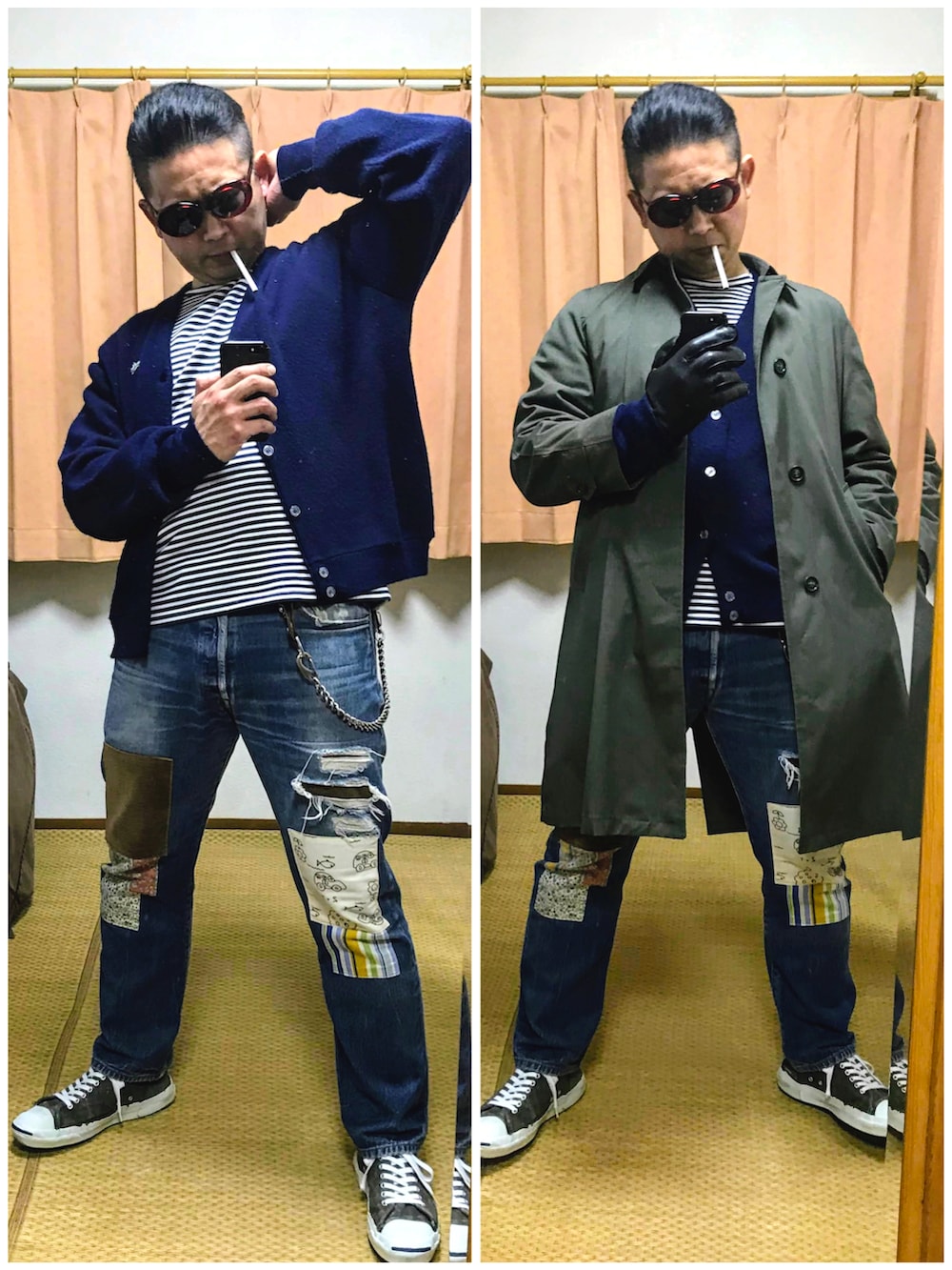 グリーン系のステンカラーコート、ブルー系のカーディガン/ボレロ、ホワイト系のTシャツ/カットソーを着用したメンズの冬コーディネートの2枚目の写真