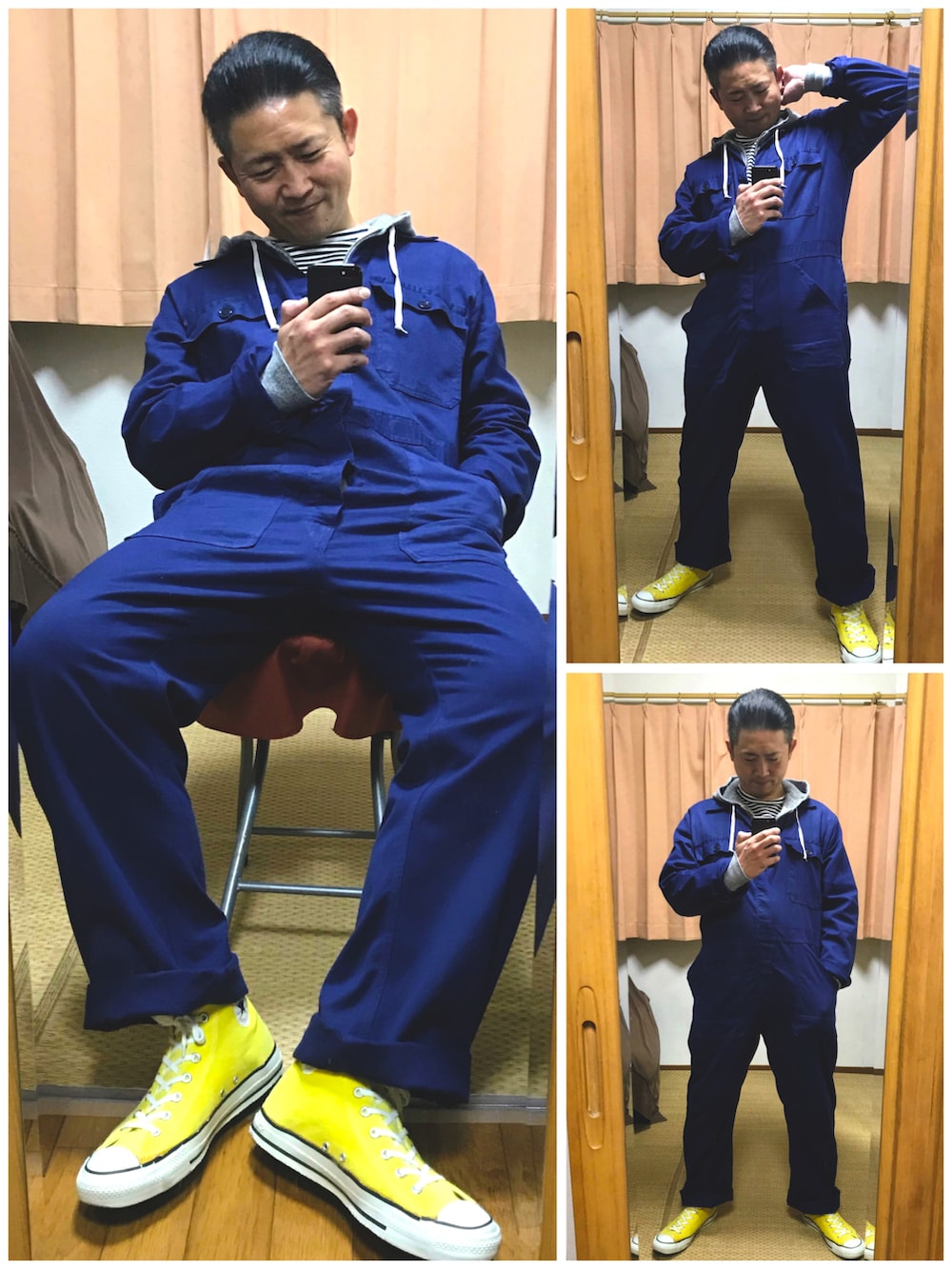 ブルー系のつなぎ/オールインワン、ブルー系のセットアップ、グレー系のパーカーを着用したメンズの冬コーディネートの2枚目の写真