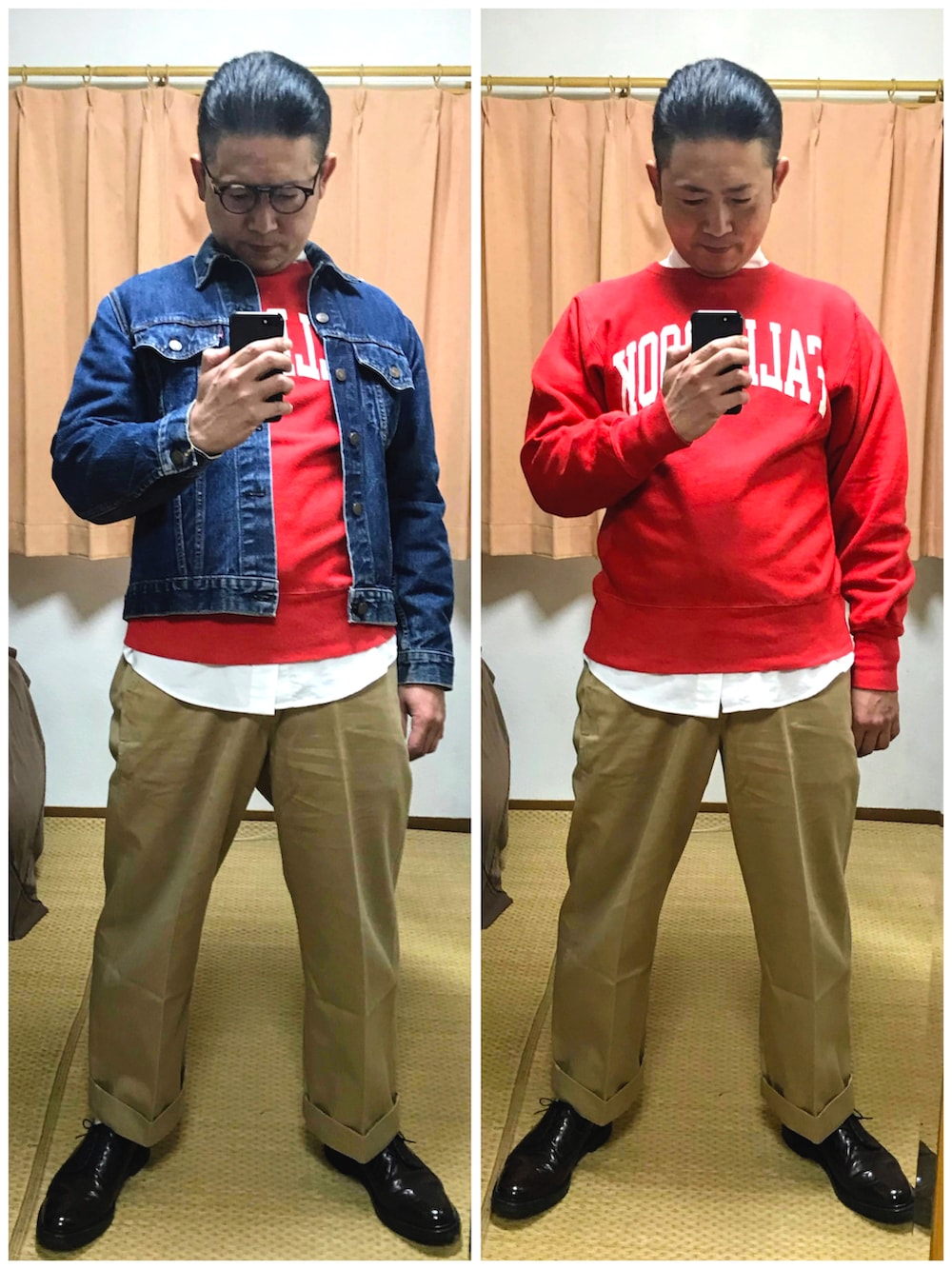 ブルー系のデニムジャケット、レッド系のスウェット、ホワイト系のシャツ/ブラウスを着用したメンズの秋コーディネートの2枚目の写真