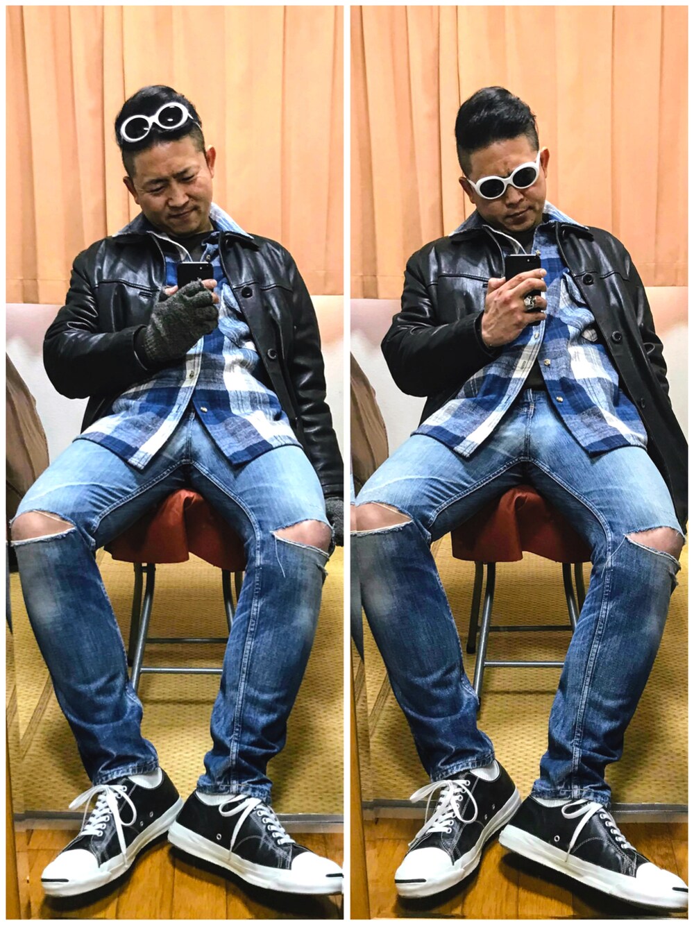 「片手スマホ自撮り研究会🤳✨、我が道をゆく隊、カートコバーン、カートアレンジ😎‼️、必殺‼️カチューシャ風メガネずらし🐸‼️、グランジ、アメカジ、レザーコート、チェックシャツ、好きな服を好きなように着る🐷💕、双極性障害、メルカリ大量出品中‼️、メルカリ★期間限定SALE★ただ今開催中🐷👍」｜「EFFECTORの🔸エフェクター  カートサングラス(白)wah2 ★メルカリ出品中‼️（サングラス、ホワイト系）」を使った、おたっし🐷さん（メンズ・174cm）の冬コーディネートの4枚目の写真
