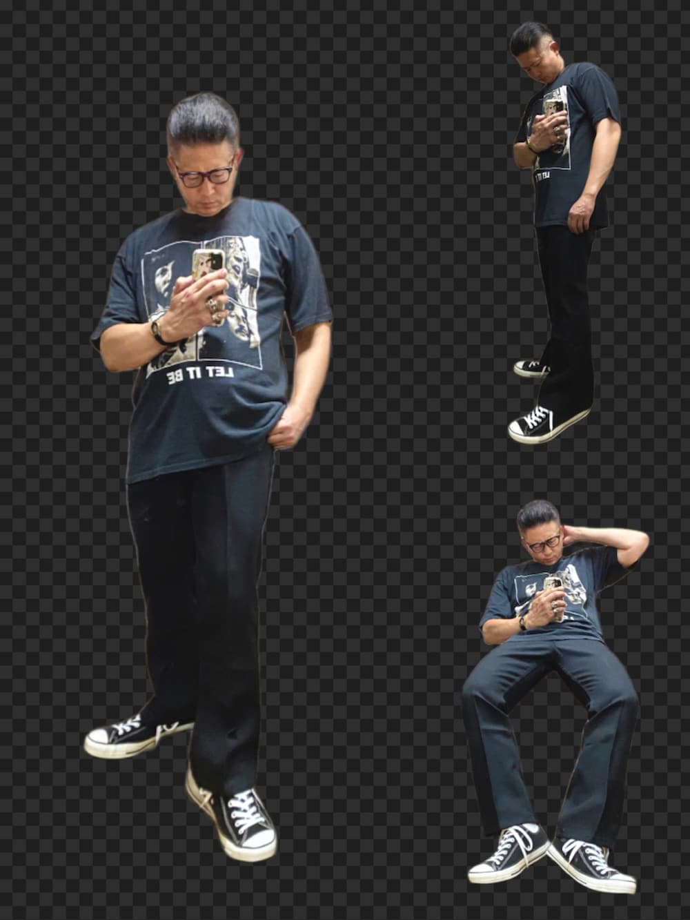 ブラック系のTシャツ/カットソー、ブラック系のスラックス、ブラック系のスニーカーを着用したメンズの夏コーディネートの3枚目の写真